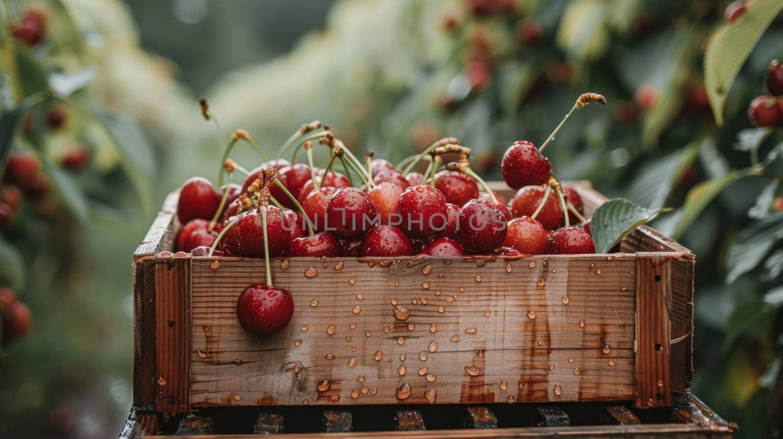 A wooden crate filled with ripe cherries sitting on a vine