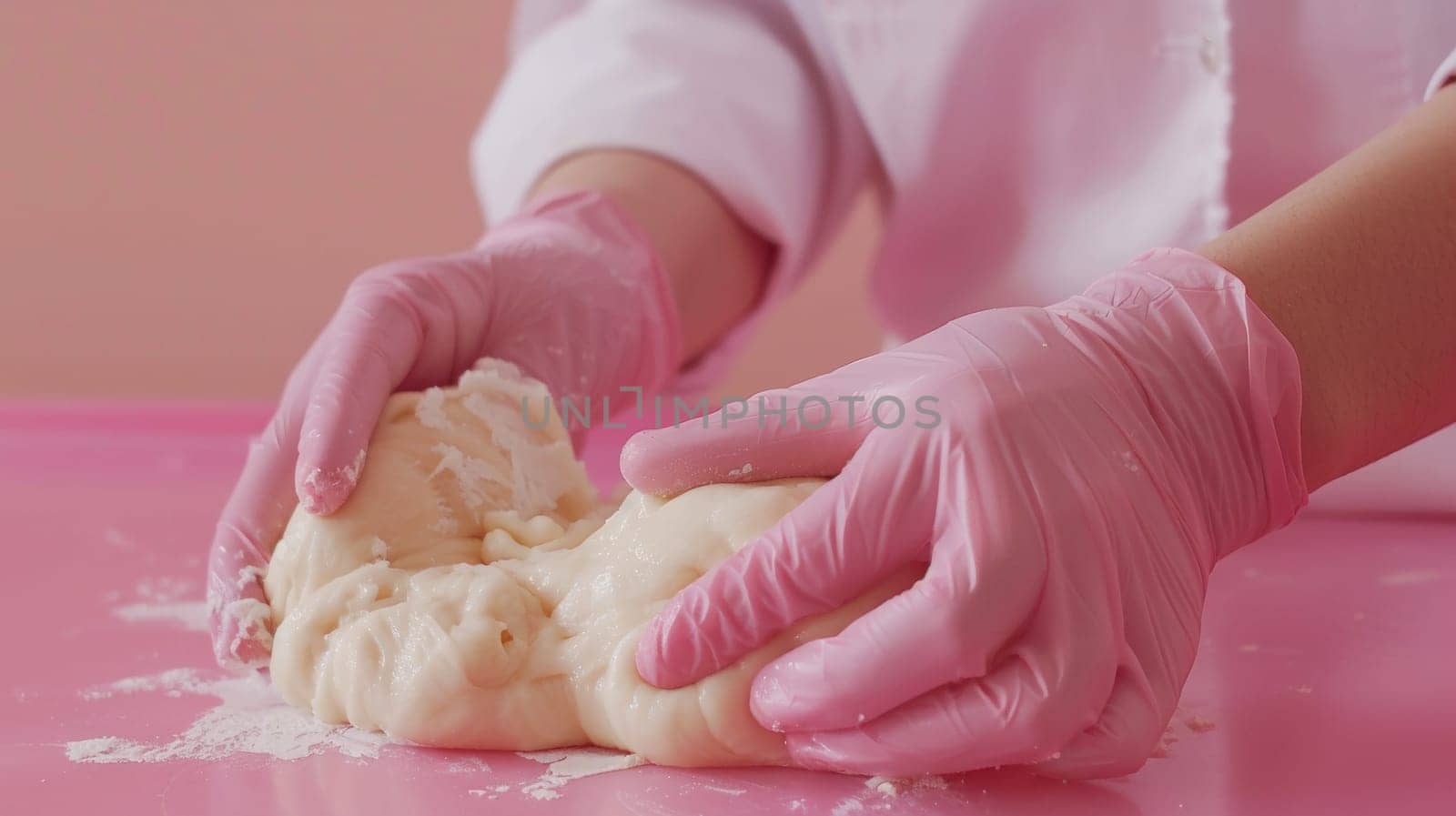 A person in pink gloves kneading dough on a table