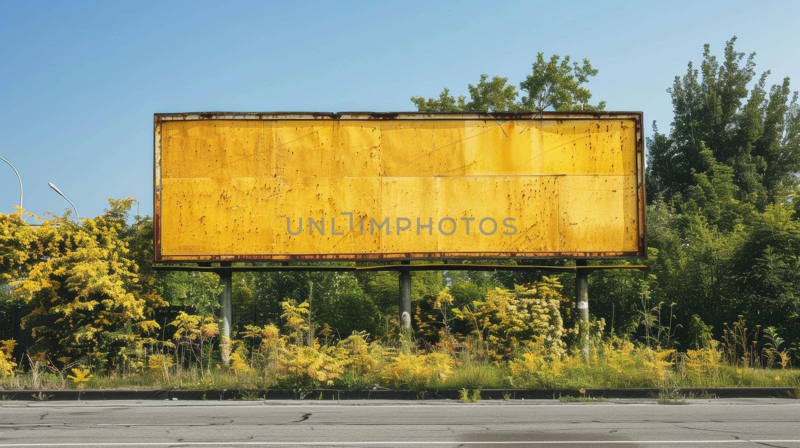 A large yellow billboard sitting on the side of a road