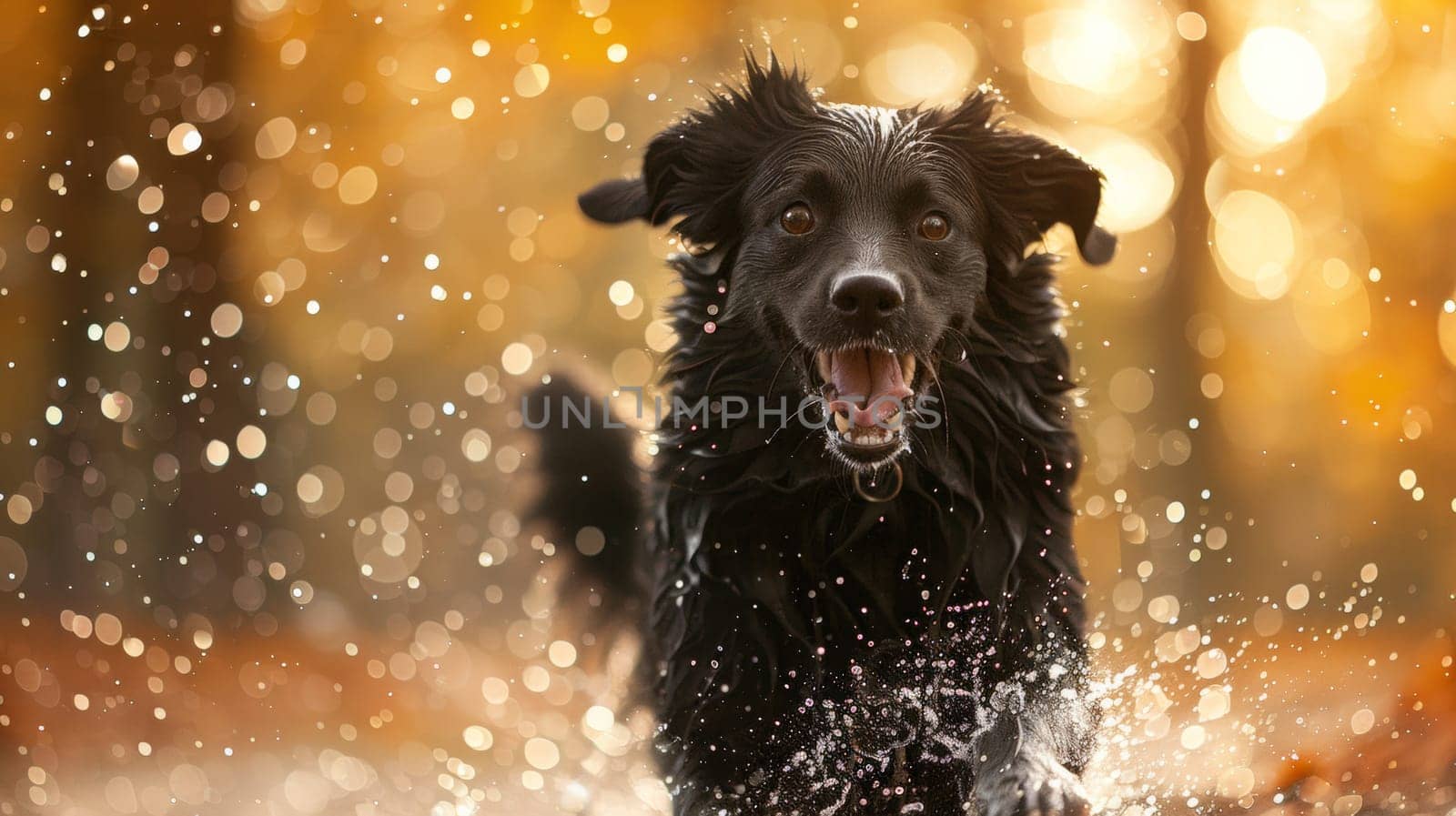 A black dog running through a puddle of water in the woods