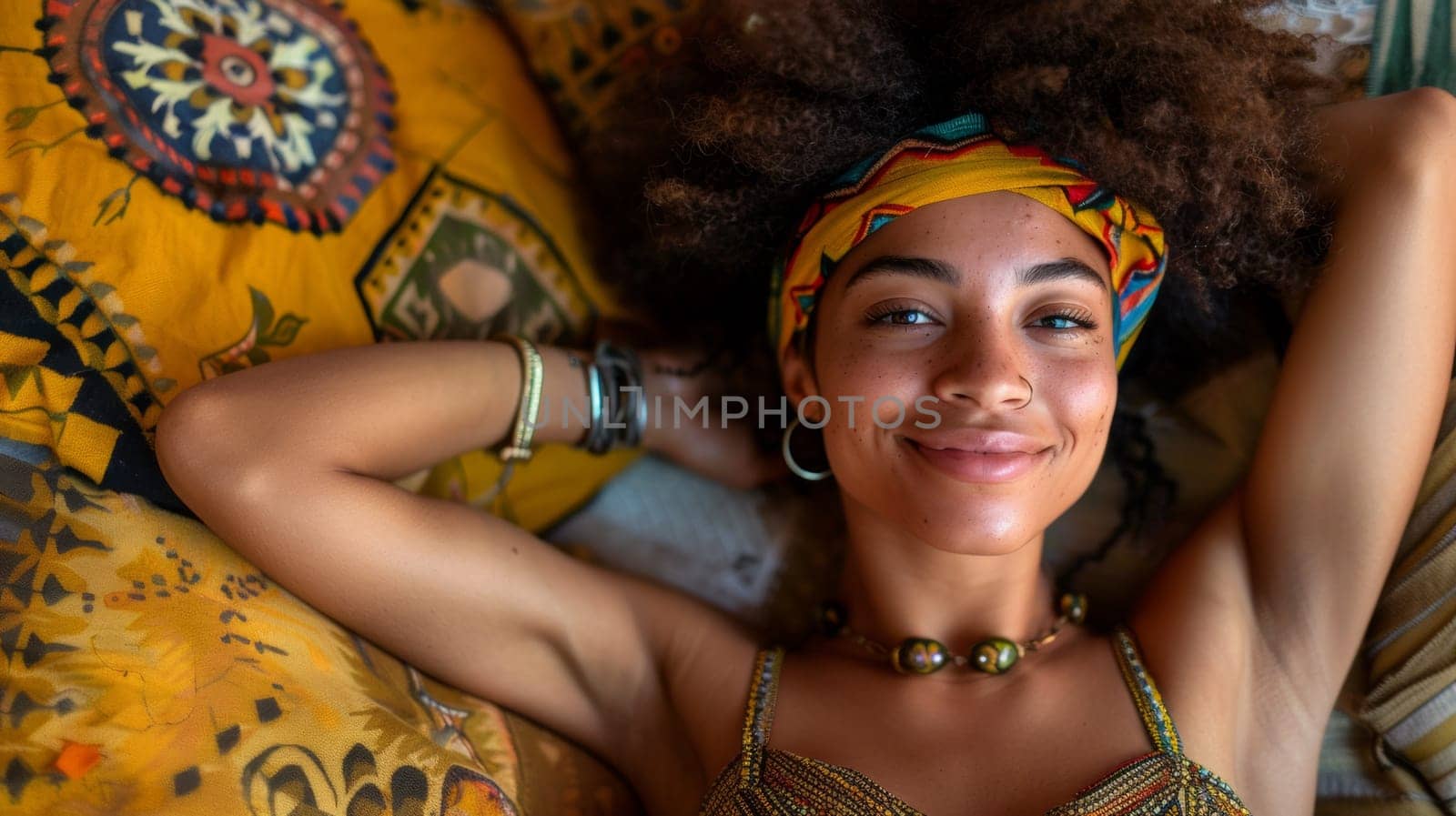 A woman with afro hair laying on a bed smiling