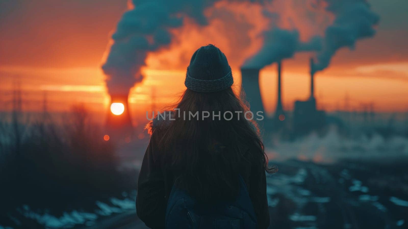 A woman standing in front of a factory with smoke coming out