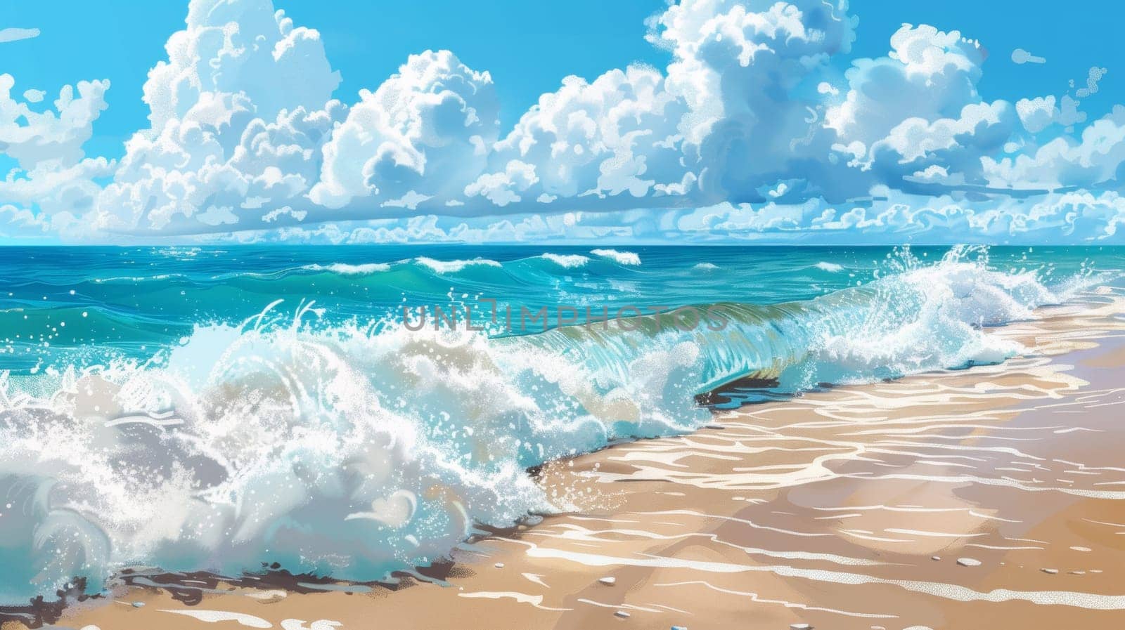 A cartoon style painting of a beach with waves and clouds, AI by starush