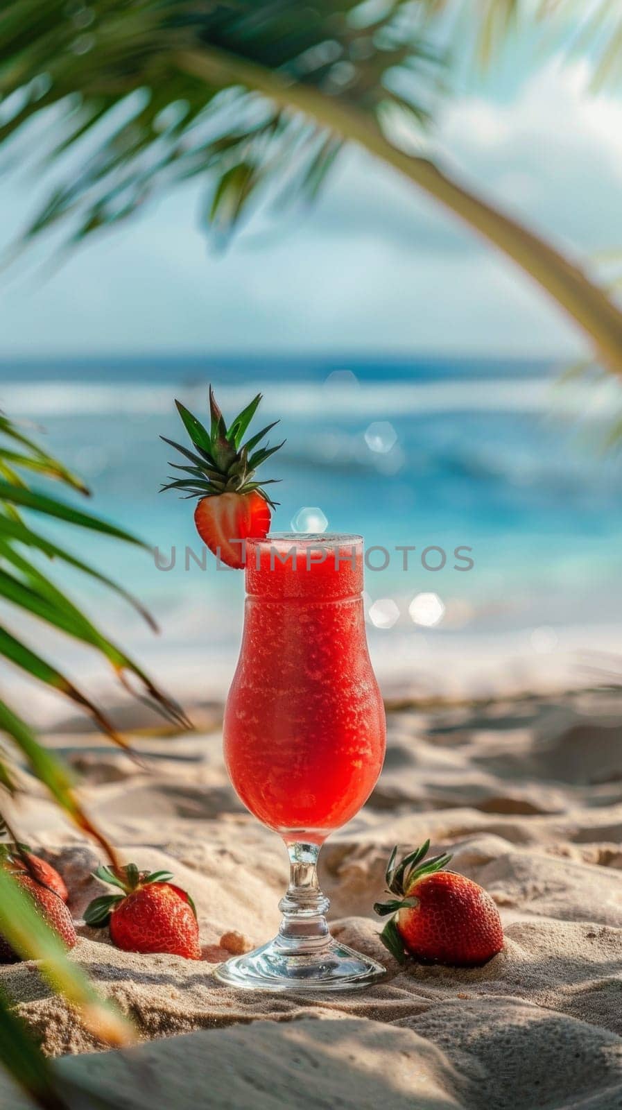 A glass of a drink sitting on the beach with strawberries, AI by starush