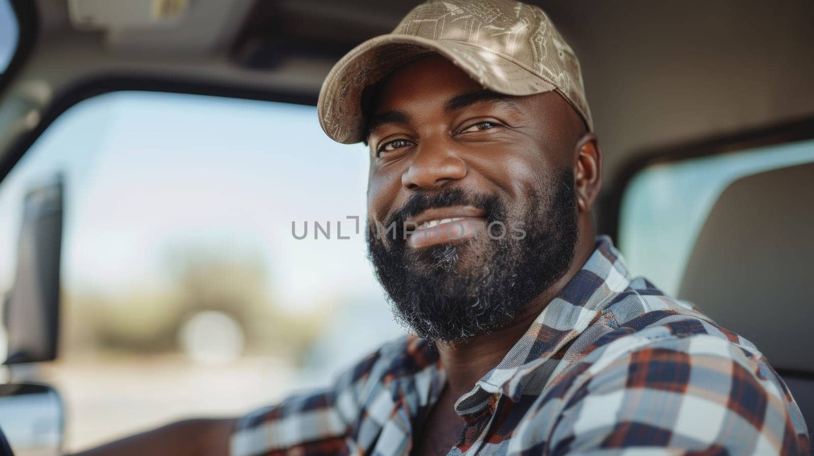 A man in a truck smiling and wearing a hat