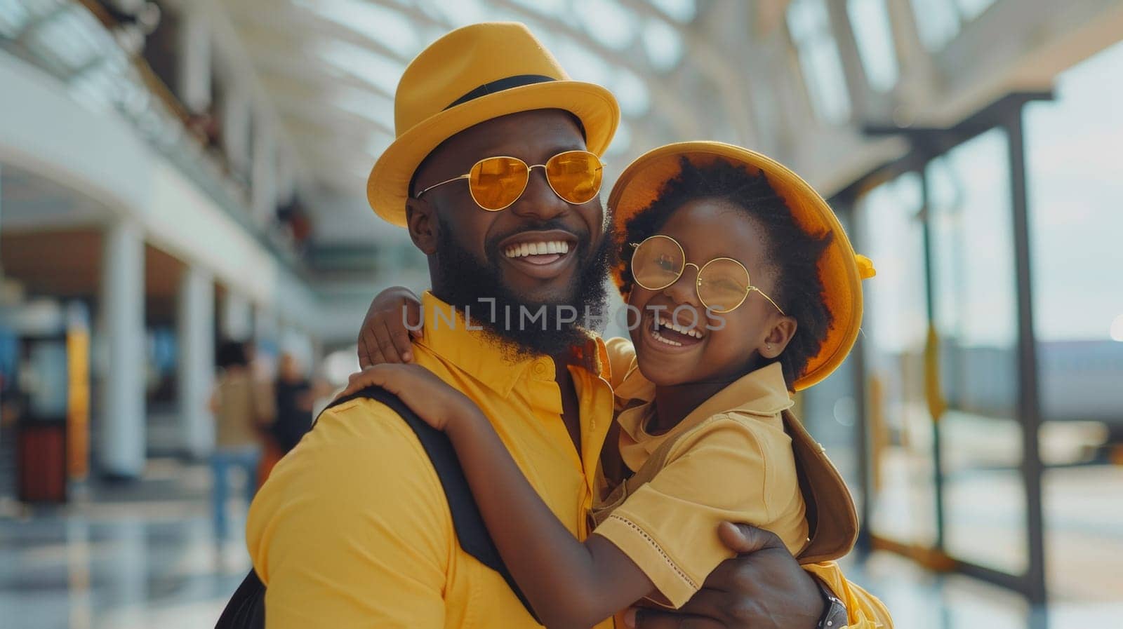 A man and a little girl in yellow hats smiling