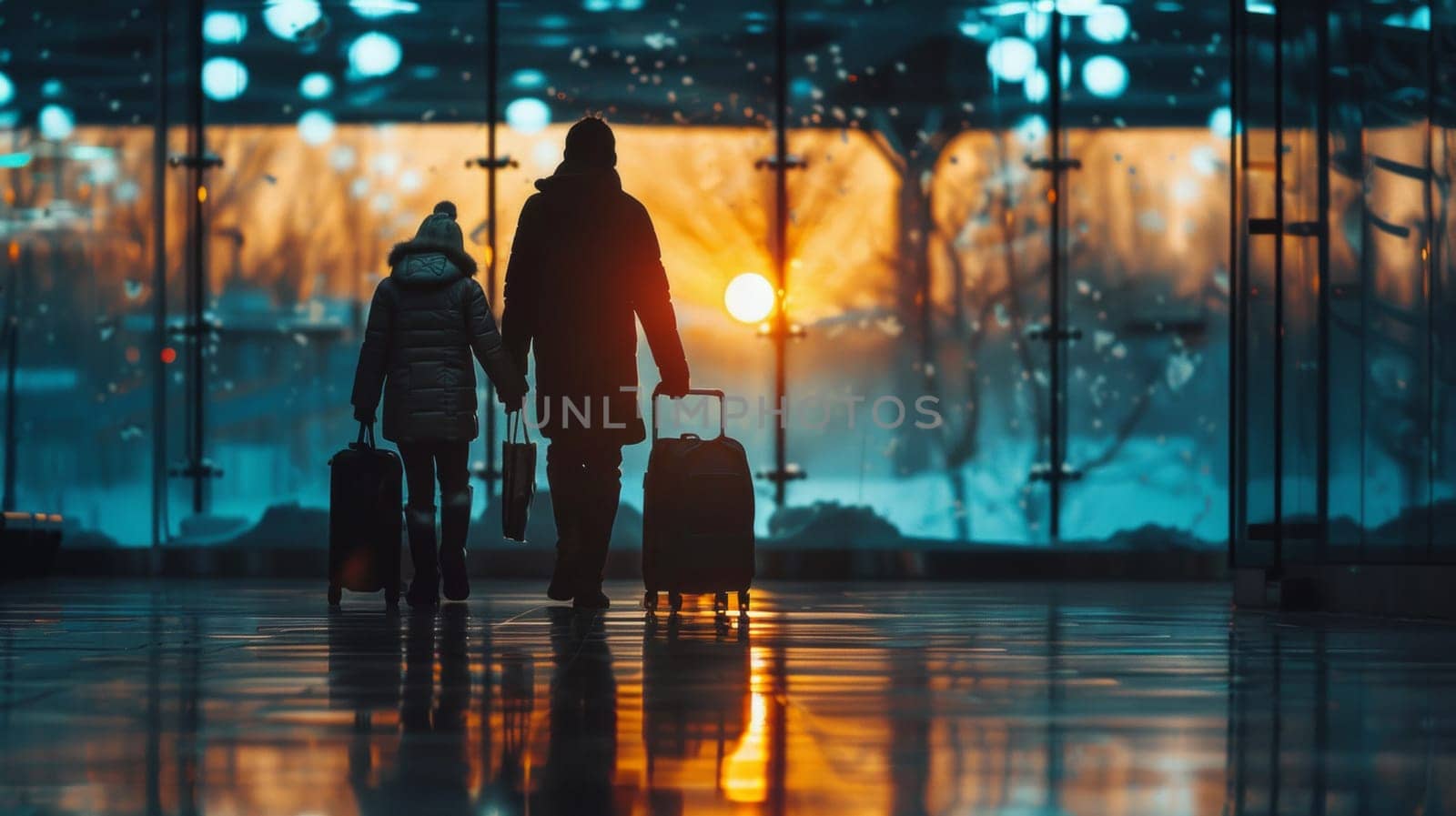 A man and woman walking with luggage through an airport