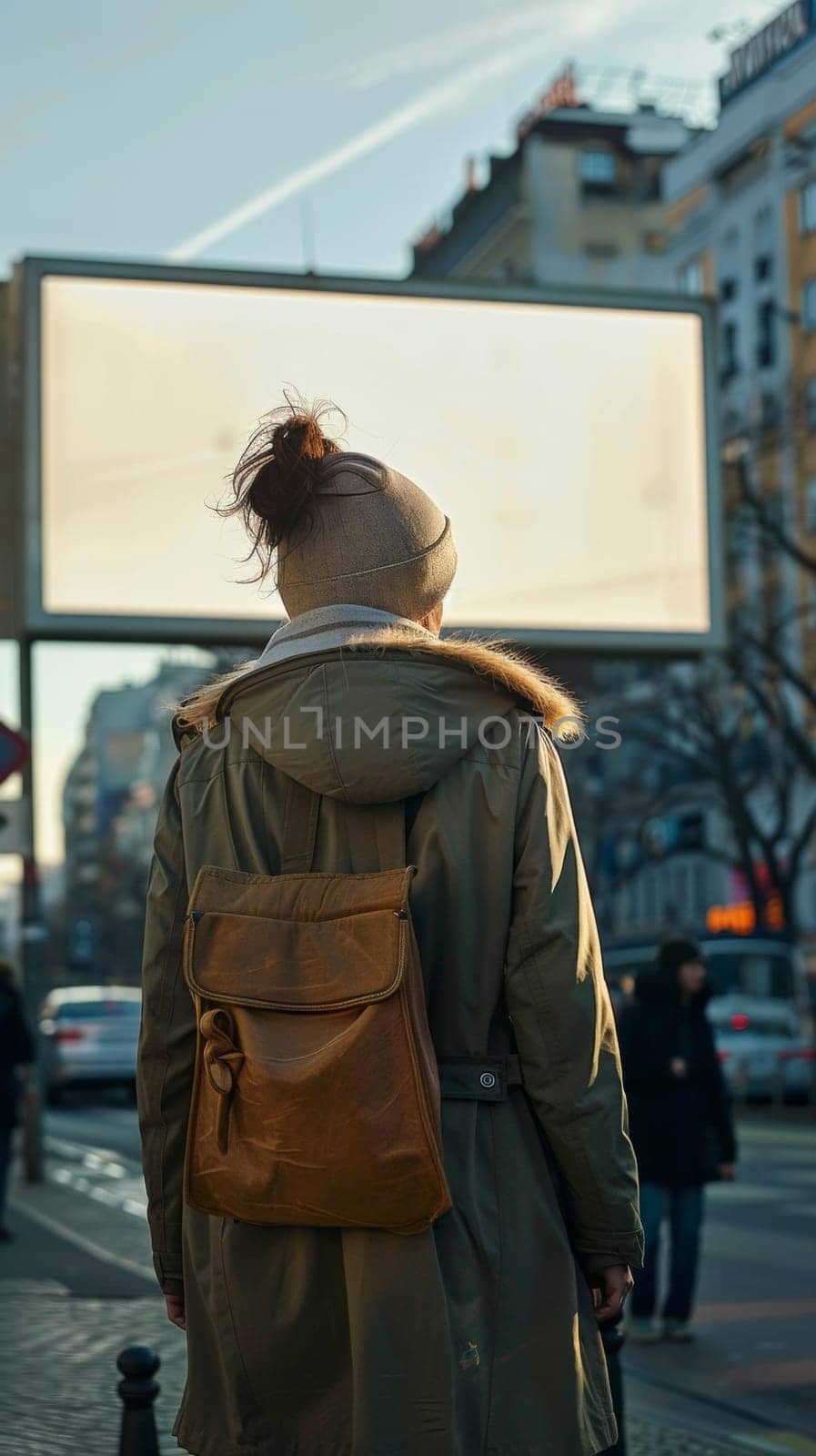 A woman with a backpack walking down the street, AI by starush