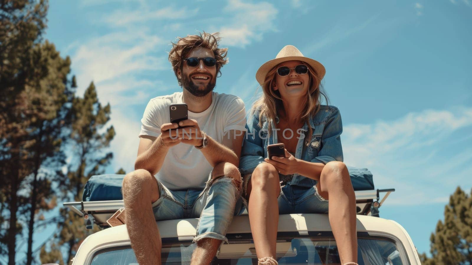 A man and woman sitting on top of a truck looking at their cell phones