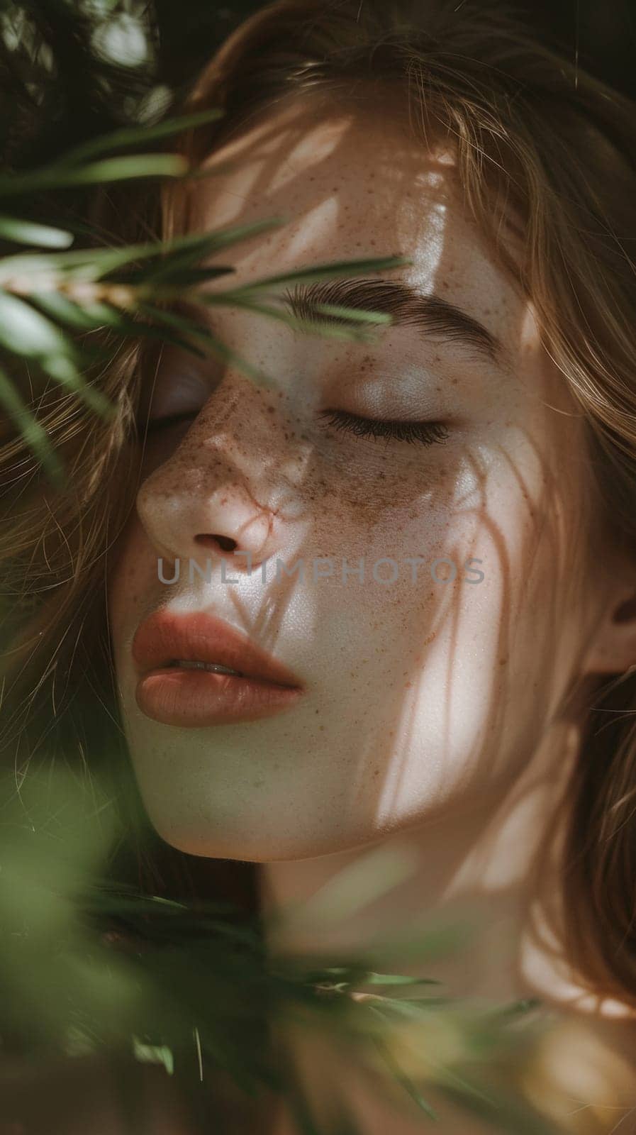 A woman with freckles and eyes closed in the shade, AI by starush
