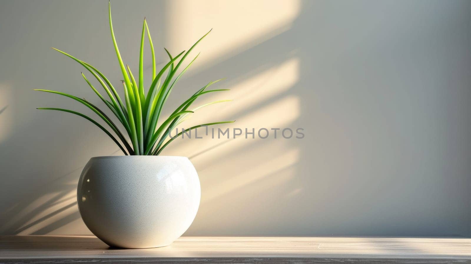 A white vase with a plant in it on the table, AI by starush