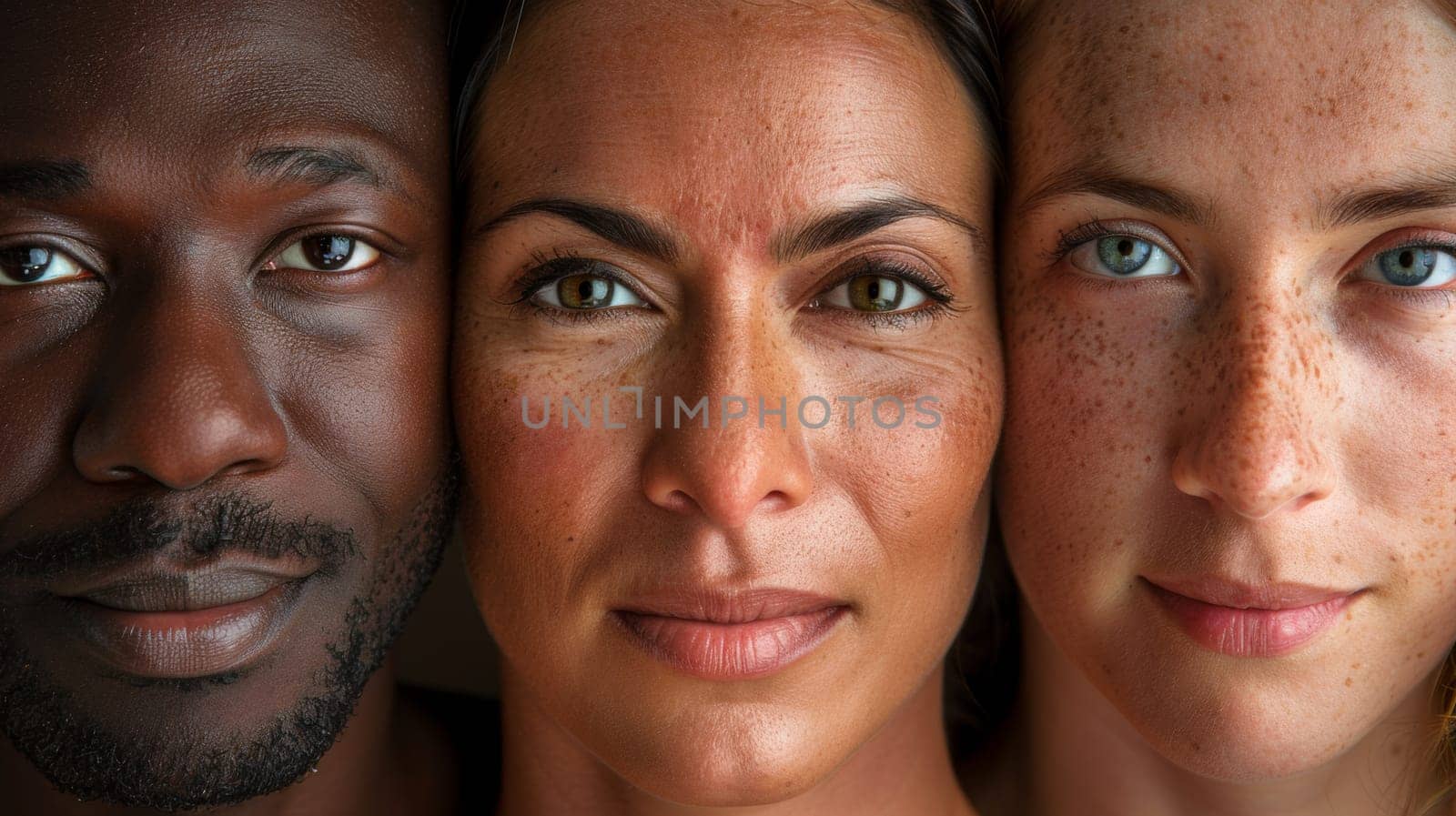 A group of three people with different skin colors and freckles