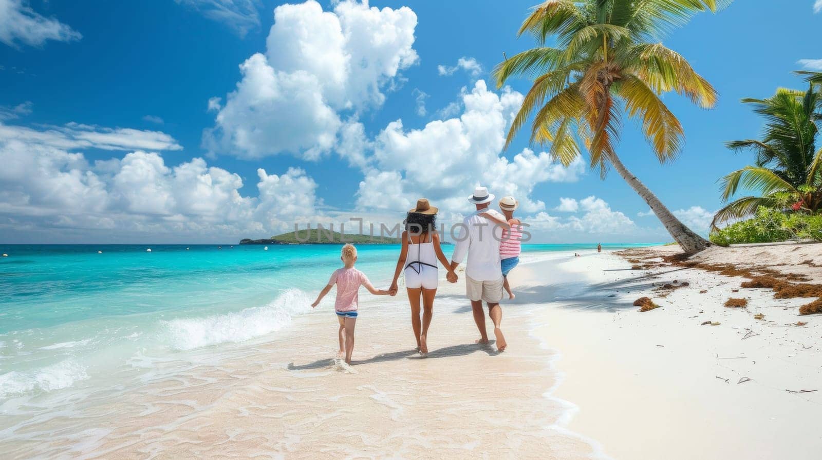 A family walking on a beach with palm trees in the background