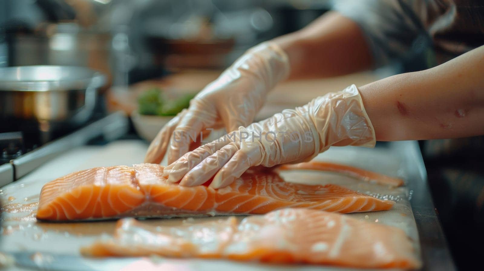 A person in gloves cutting up a piece of salmon on top of the counter