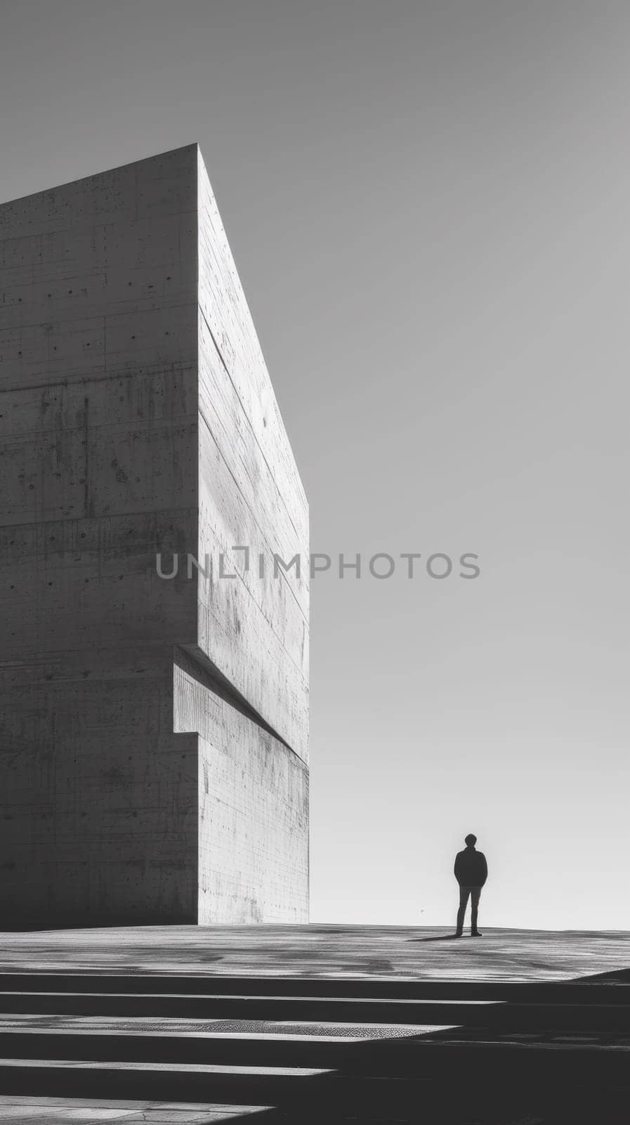 A man standing on a concrete platform with his back to the camera