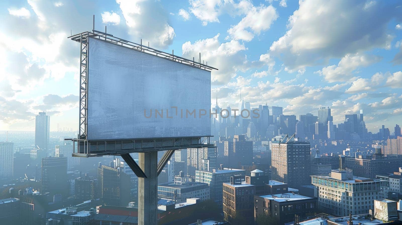 A billboard is shown in the sky over a city