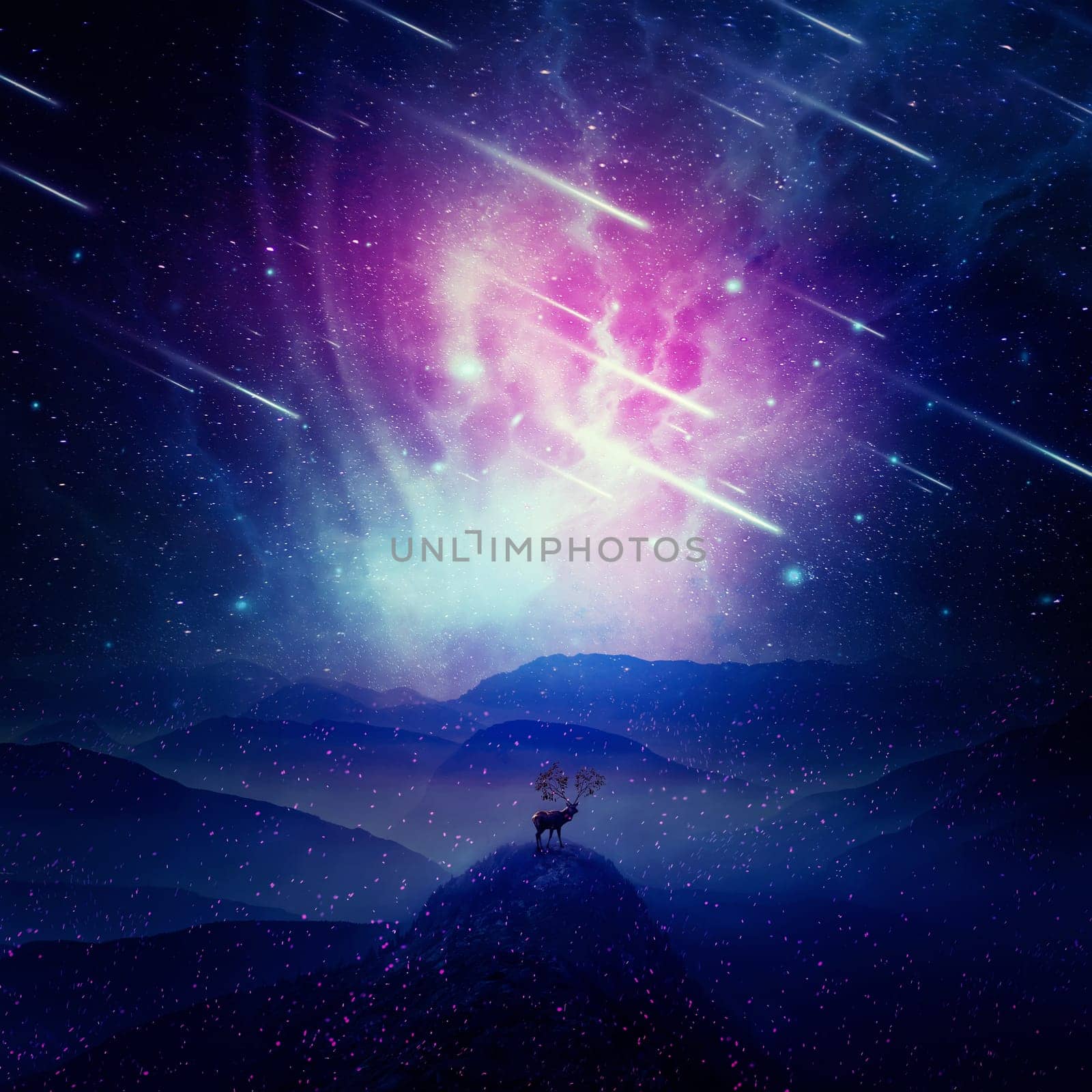 Majestic deer with long horns as tree branches stand on the peak of a rocky valley below a wonderful night sky with falling stars and sparkles. Mystic wildlife scene screensaver in the center of nature. 