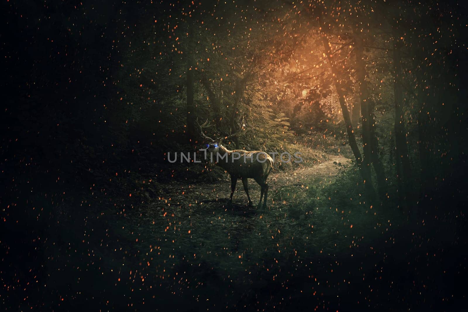 Majestic deer with blue glowing eyes and long horns guard the dark forest with a lot of fireflies and sparkles. Mystic wild scene screen saver.