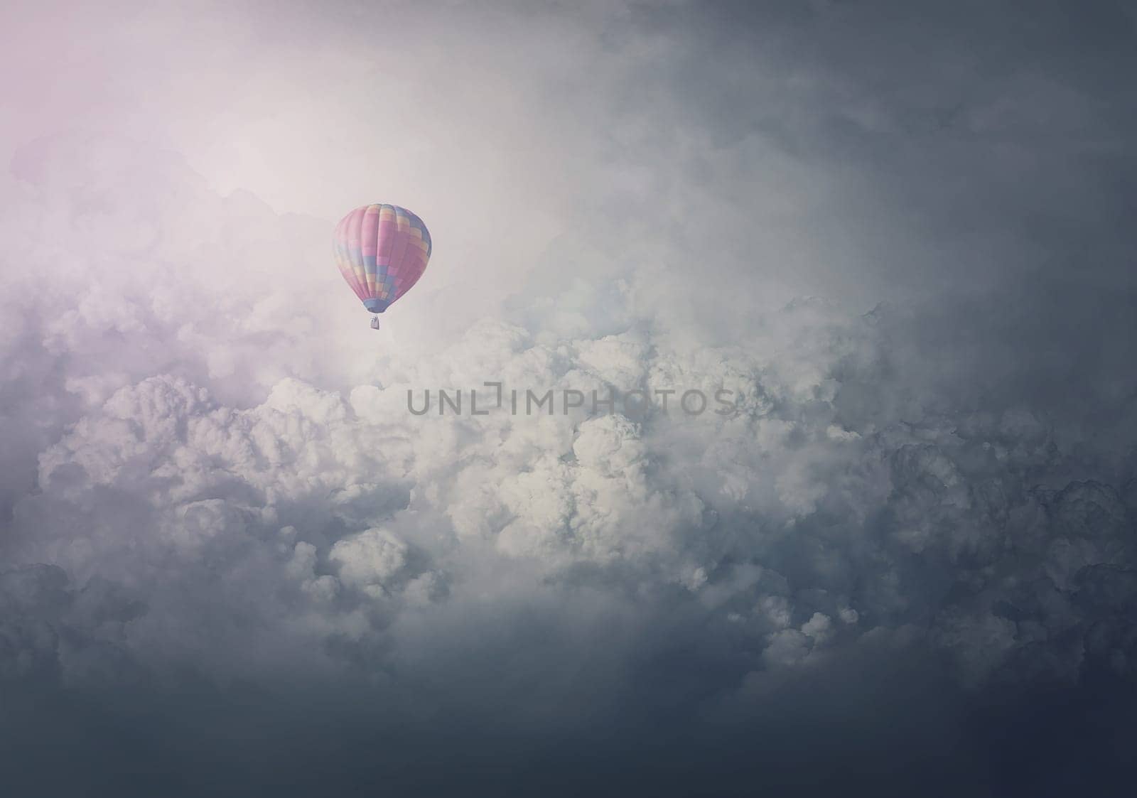 Wonderful adventure, epic scene with a hot air balloon flying over the clouds. Fabulous minimalist view, airship floating in the sky. Travel and journey concept. Inspirational cloudscape scenery by psychoshadow
