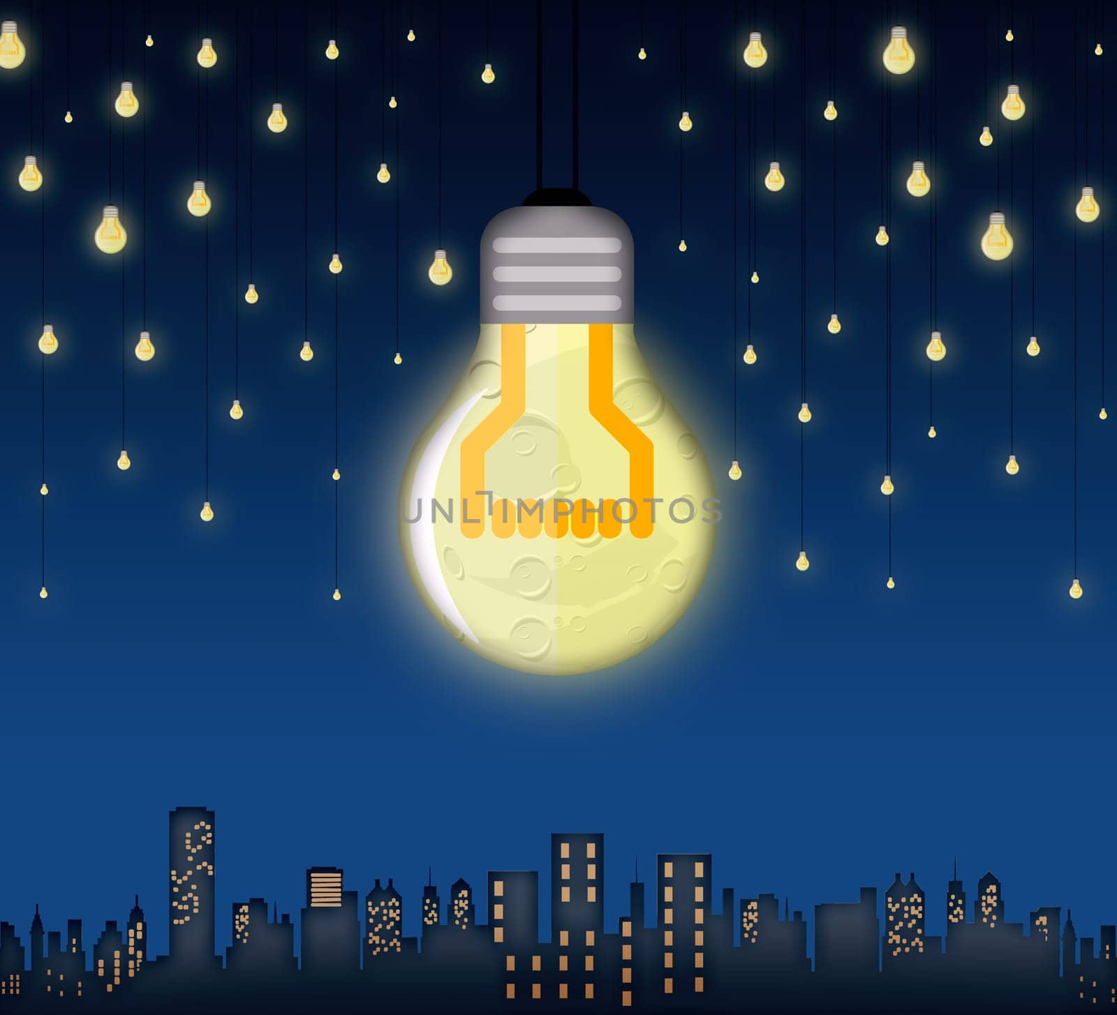 Illustration of moon and stars in shape of bulbs light over a city. Surreal background. Alternative energy concept