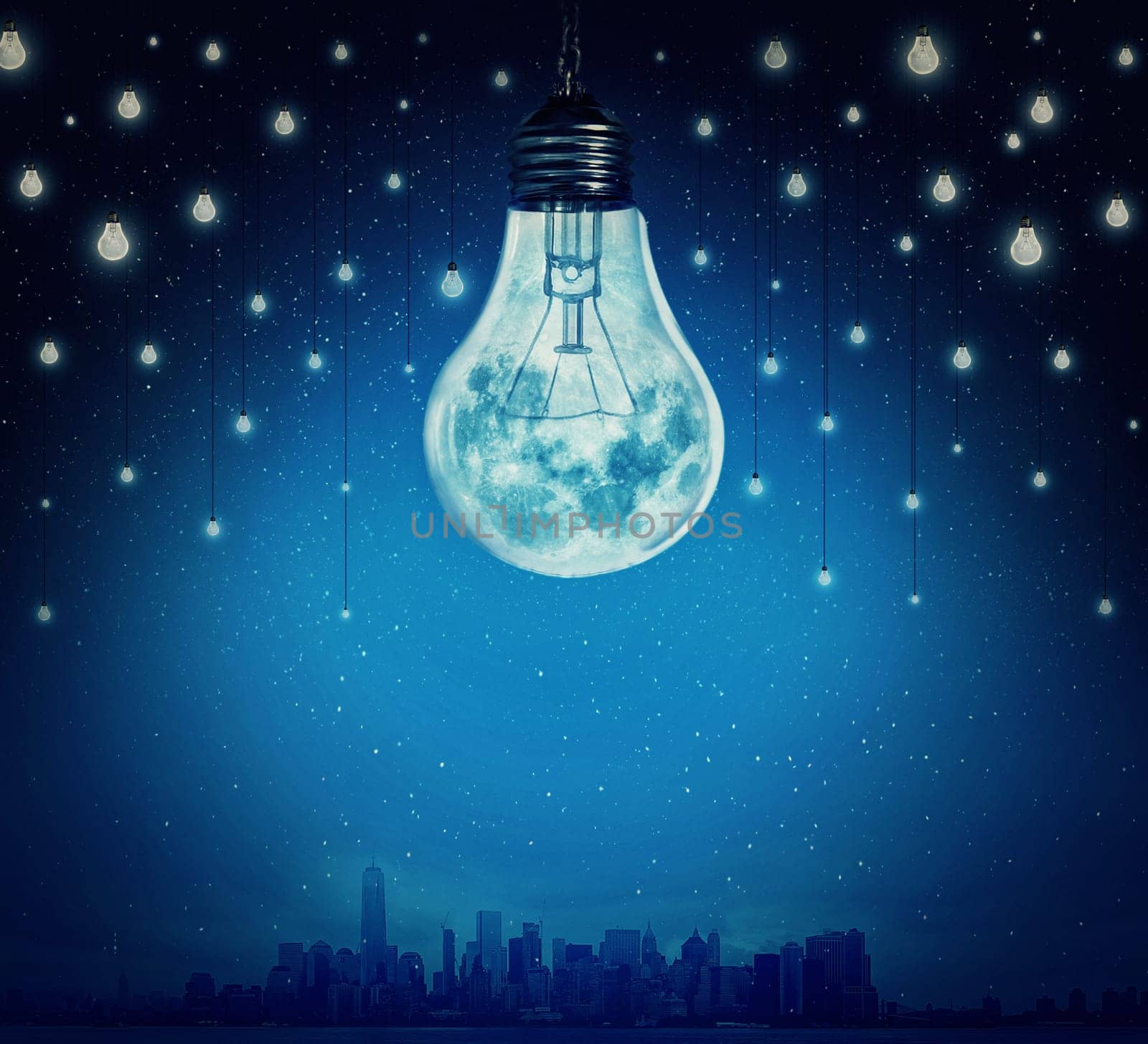 Moon and stars in shape of bulbs light over a city. Surreal background. Alternative energy concept