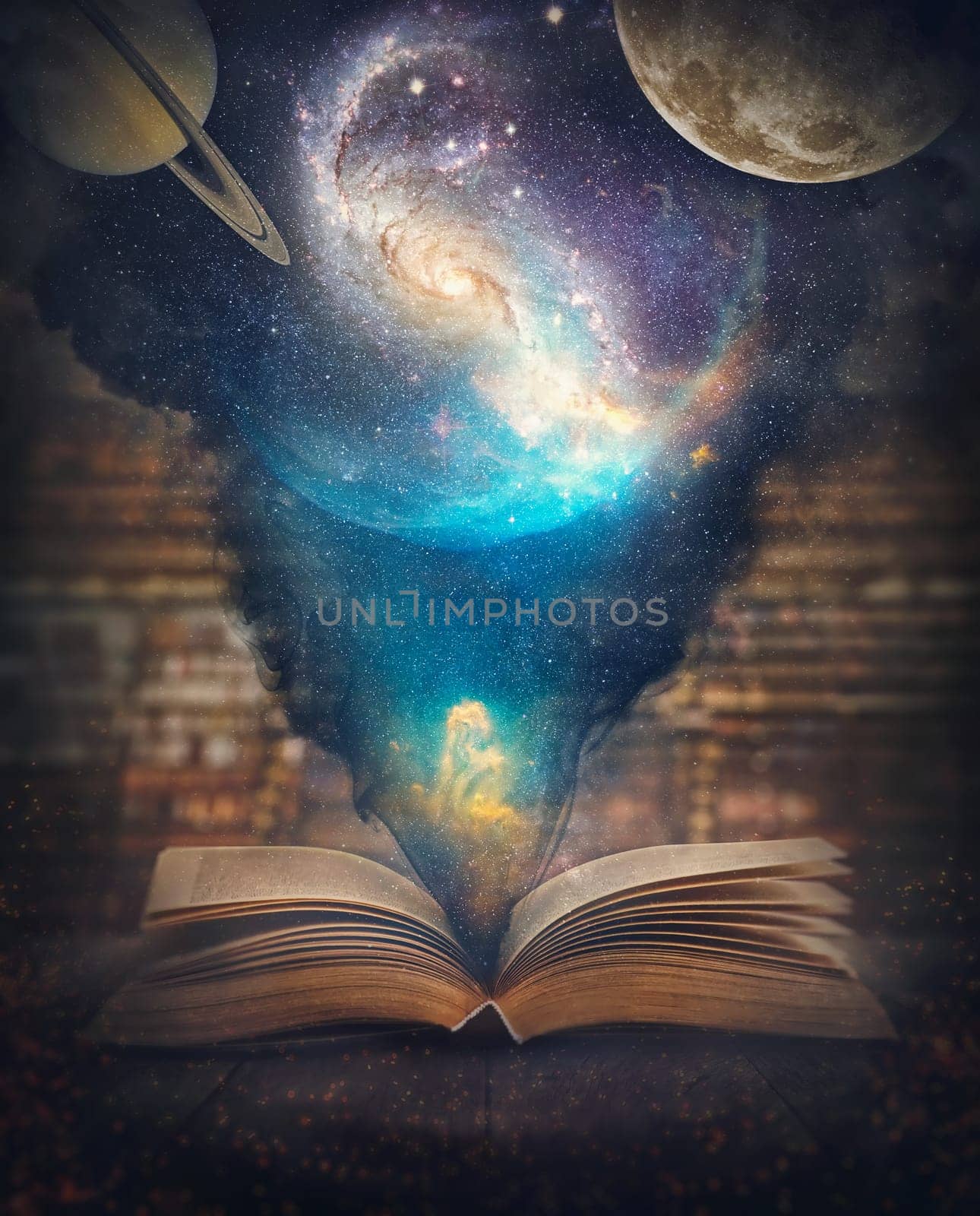 The world and universe inside a book surreal background. Educational and science concept with a magical open textbook casting a cosmic scene with galaxies, stars and planets. Inspirational storybook by psychoshadow