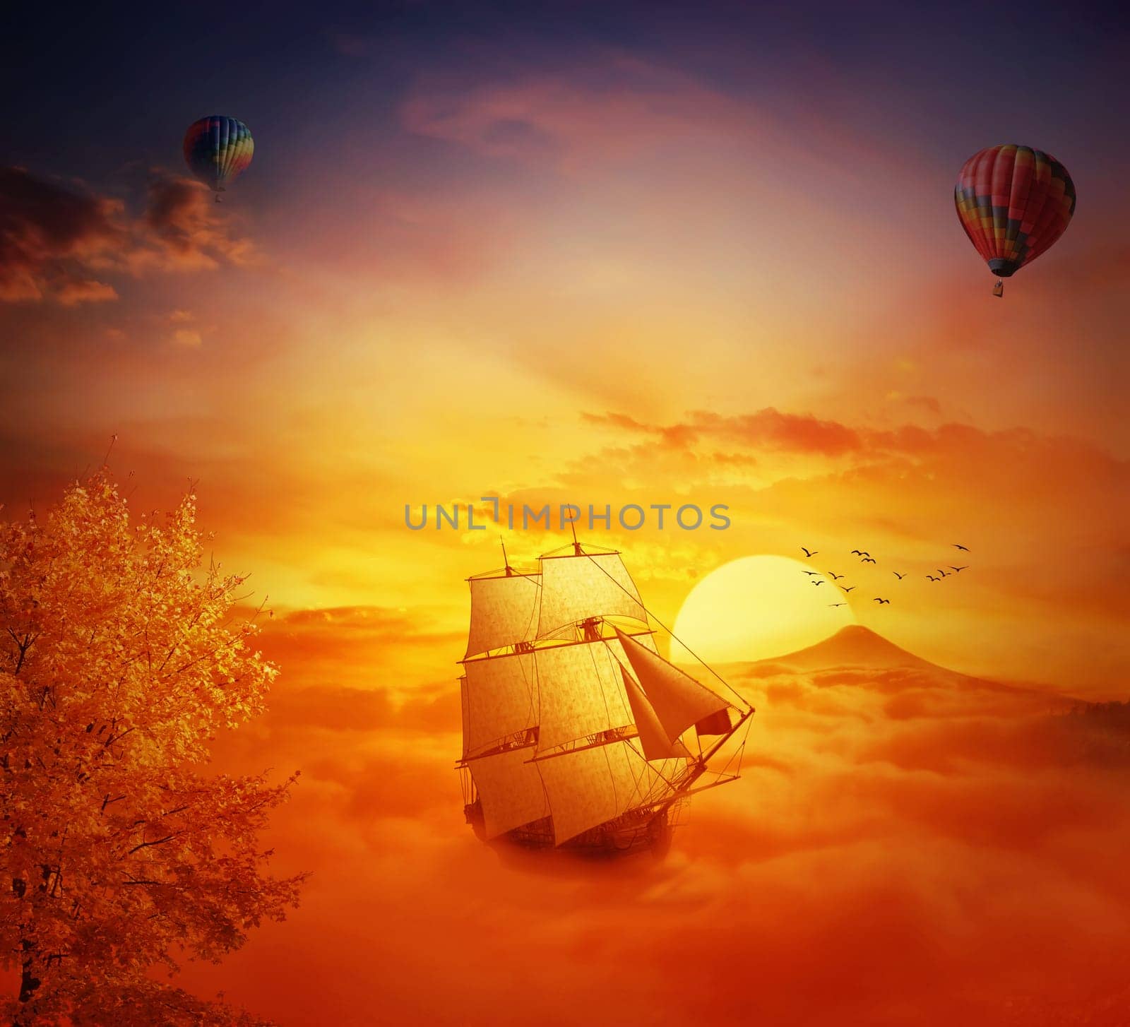 Vintage, old ship sailing lost in the sky. Adventure and journey concept. Beautiful sunset background over the clouds