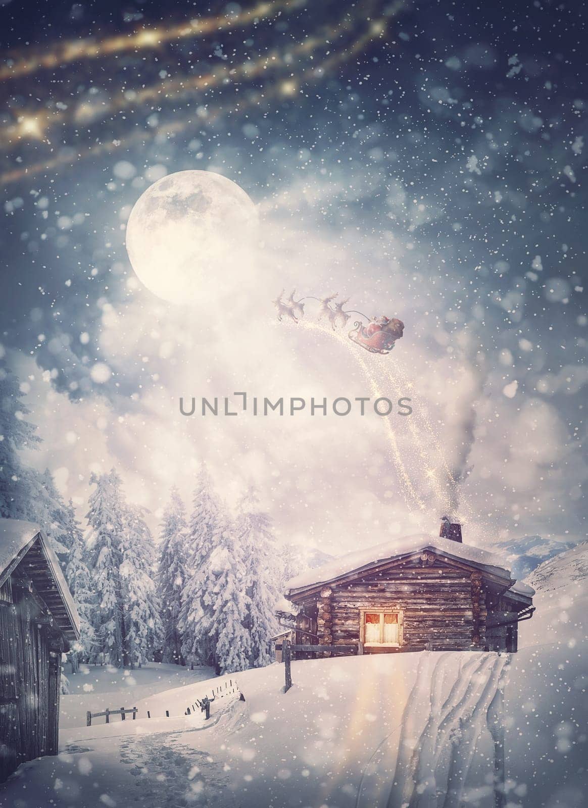Magical holiday scene and Santa Claus sleigh with reindeers flying above the snowy house in the Christmas Eve. Wonderful snowflakes covering the village, and the full moon comes out of the clouds by psychoshadow