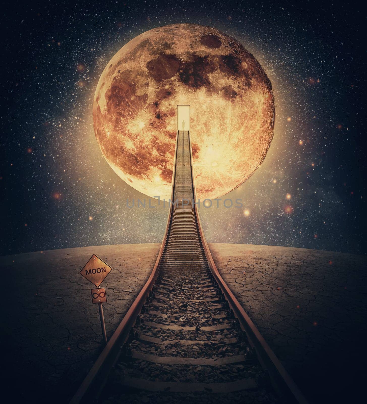 Surreal scene and a railway leading up to the moon. Imaginary night travel on a railroad transforming into a stairway going upwards to a door or portal in the satellite. Mystic space traveling concept by psychoshadow