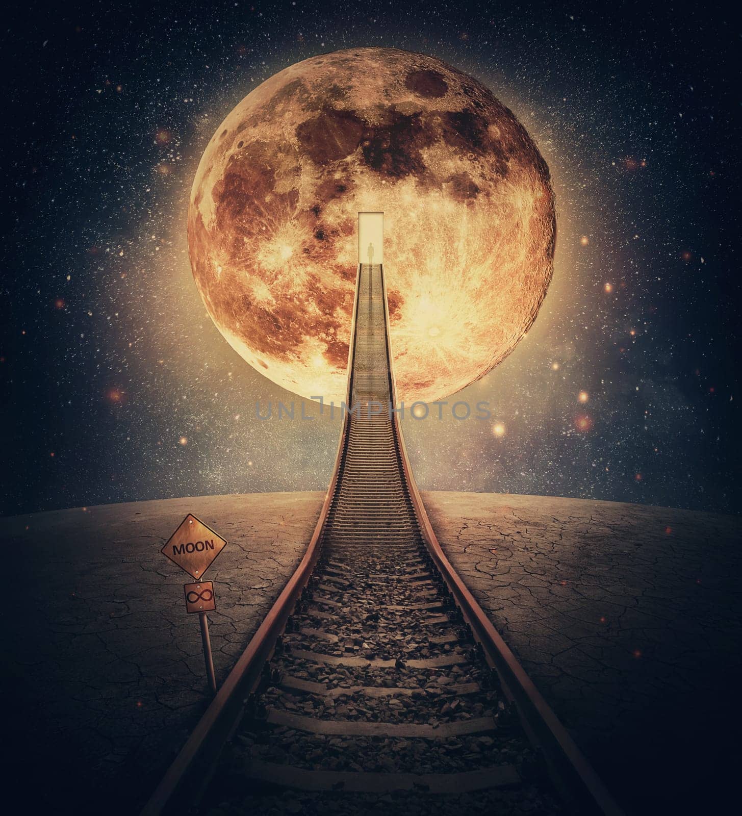 Surreal scene and a railway leading up to the moon. Imaginary night travel on a railroad transforming into a stairway going upwards to a door or portal in the satellite. Mystic space traveling concept