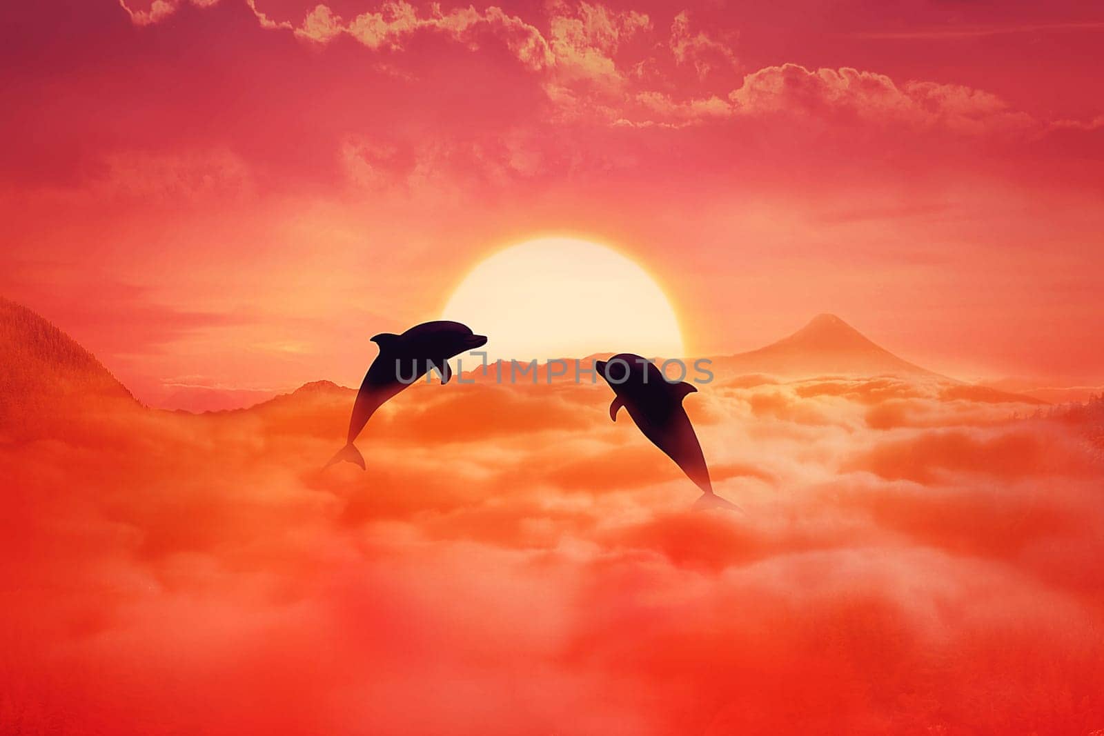 Silhouette of two playful dolphins jumping above the clouds against sunset background. Surreal wild life landscape scene screen saver