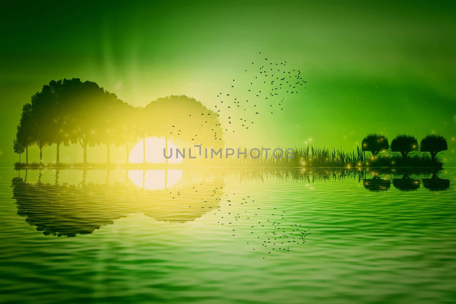 Trees and grass arranged in a shape of a guitar on a green tropical sunset background. Music island with a guitar reflection in water