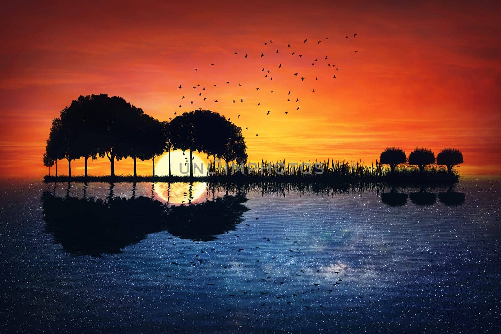 Guitar island surreal seascape, day reflecting into night, sunset against starry sky background. Magical scene with trees on an isle grow in shape of a music instrument with reflection in the water by psychoshadow
