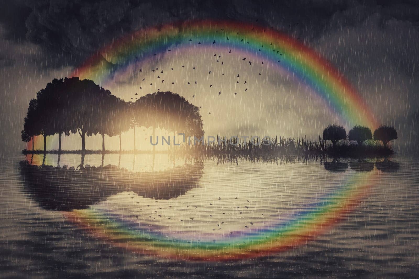 Guitar music island over the rainbow concept. Surreal seascape view with trees on an isle growing in the shape of an musical instrument, reflecting in the water, under a stormy sky background.