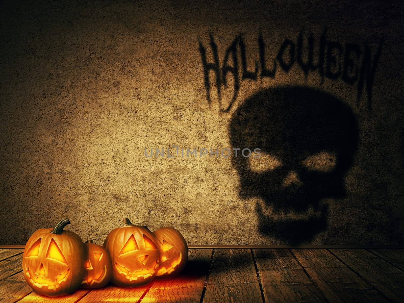 Lot of pumpkins, jack-o'-lantern casting a shadow shaped as a skull. Surreal Halloween celebration concept.
