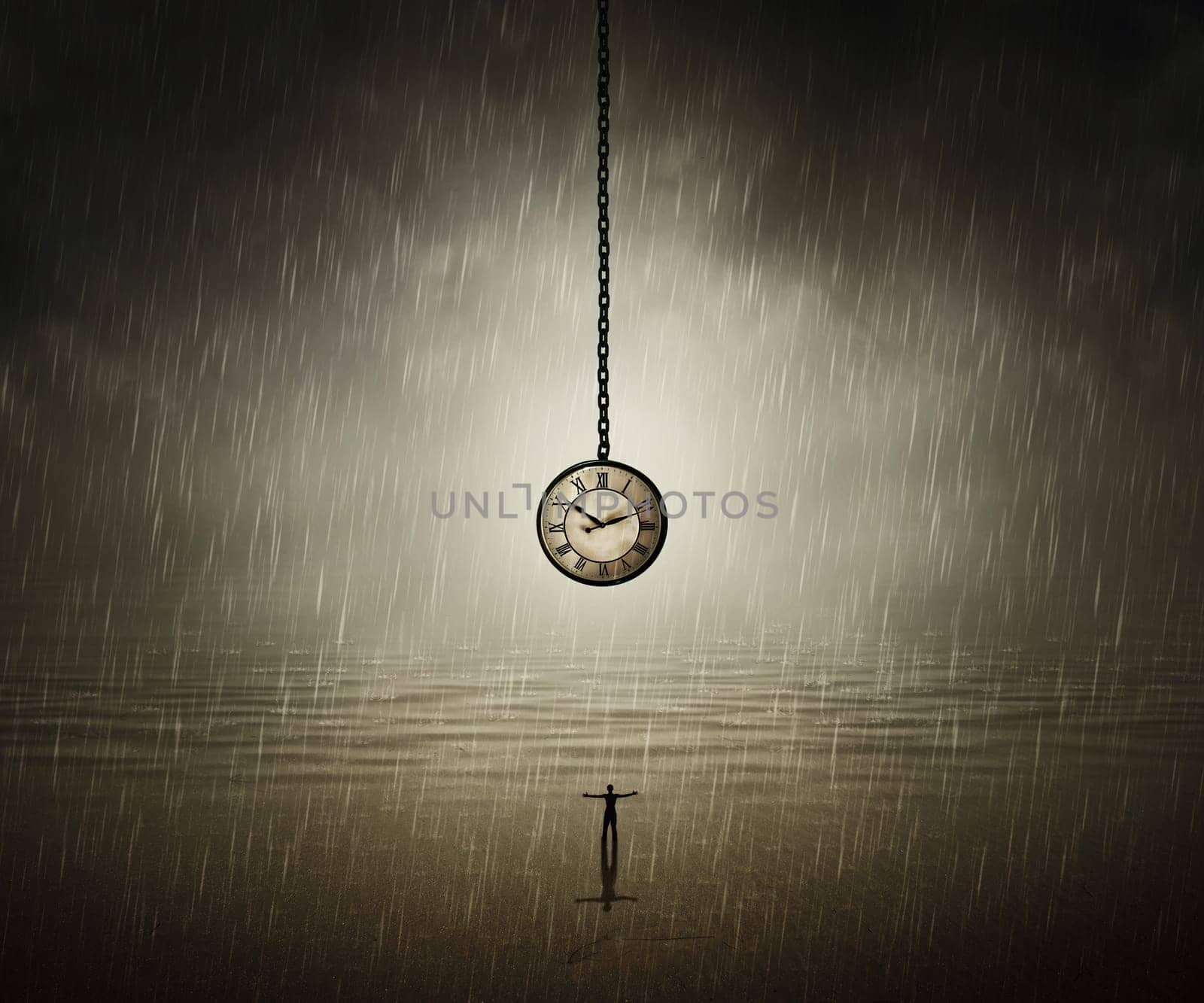 Surreal backround of a man standing with wide opened hands in front of a huge clock near the ocean in a rainy day. End of time. Time travel concept