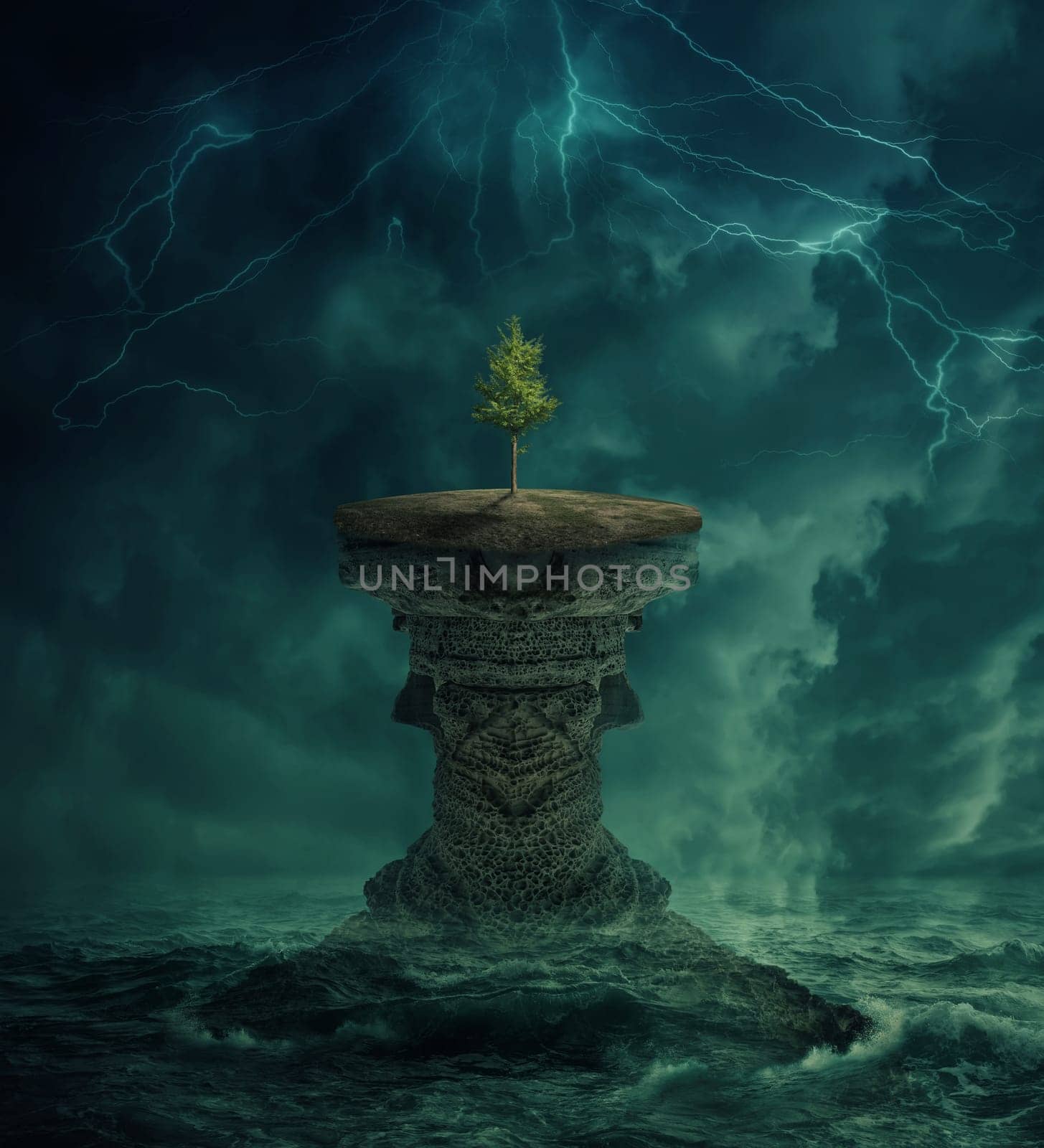 Green tree growing on a lost island in the middle of the ocean. Environmental ecology concept and climate change. Inspirational imaginary view, scary landscape below a dark stormy sky.