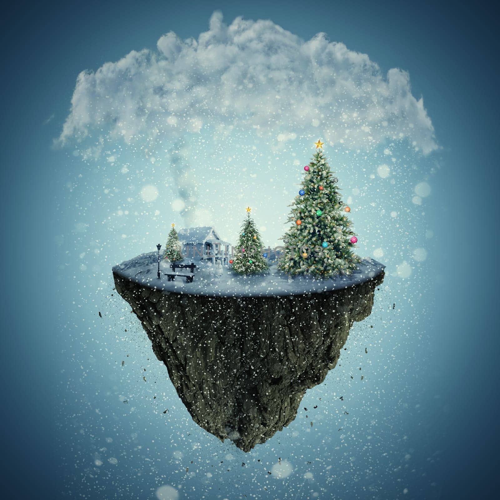 Winter holidays illustration of a isolated dreamland, as a flying island covered with snow. Santa's home, decorated Christmas trees and a bench on the edge.