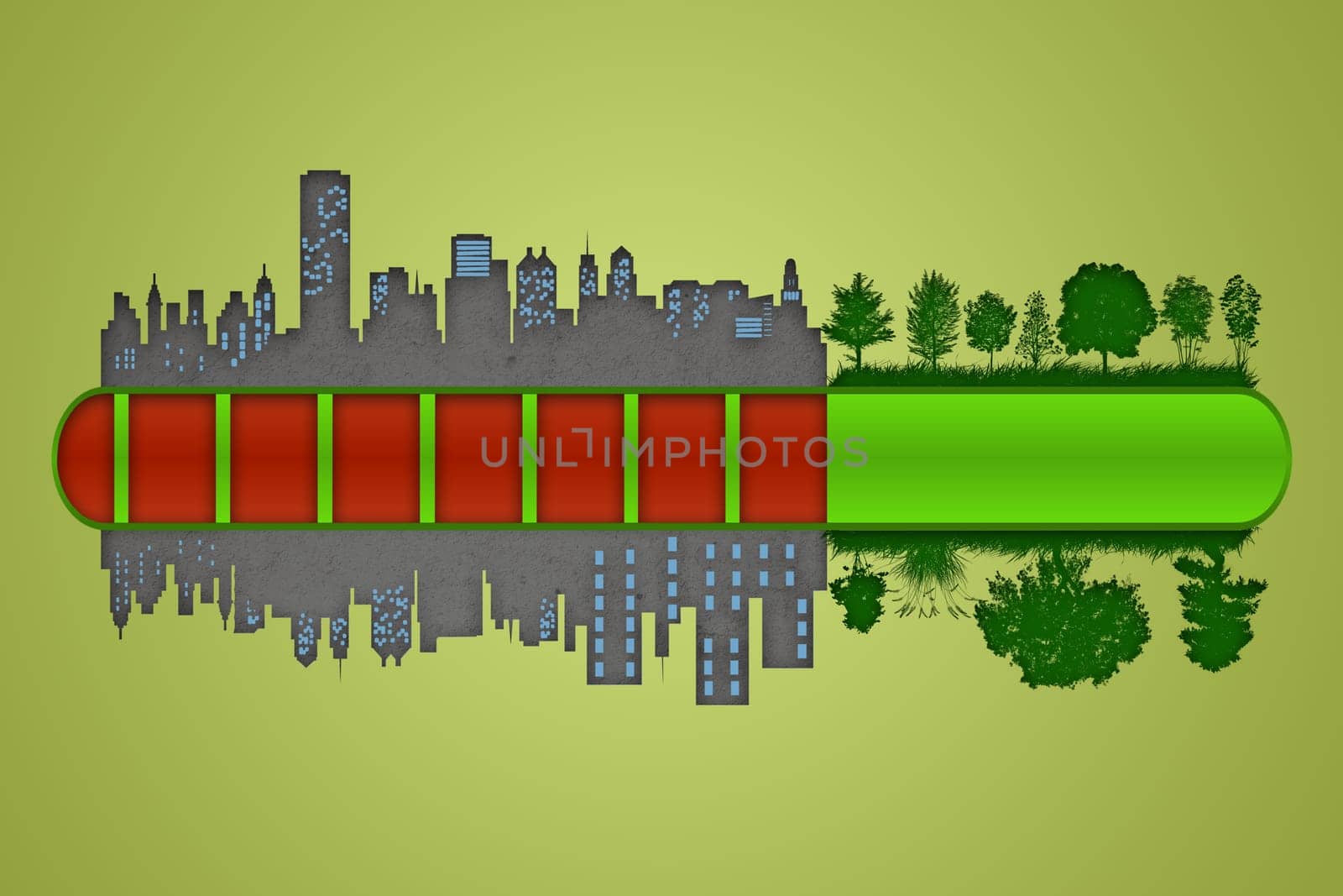 Environment and ecology concept. Loading bar of city urbanization and pollution against green nature.