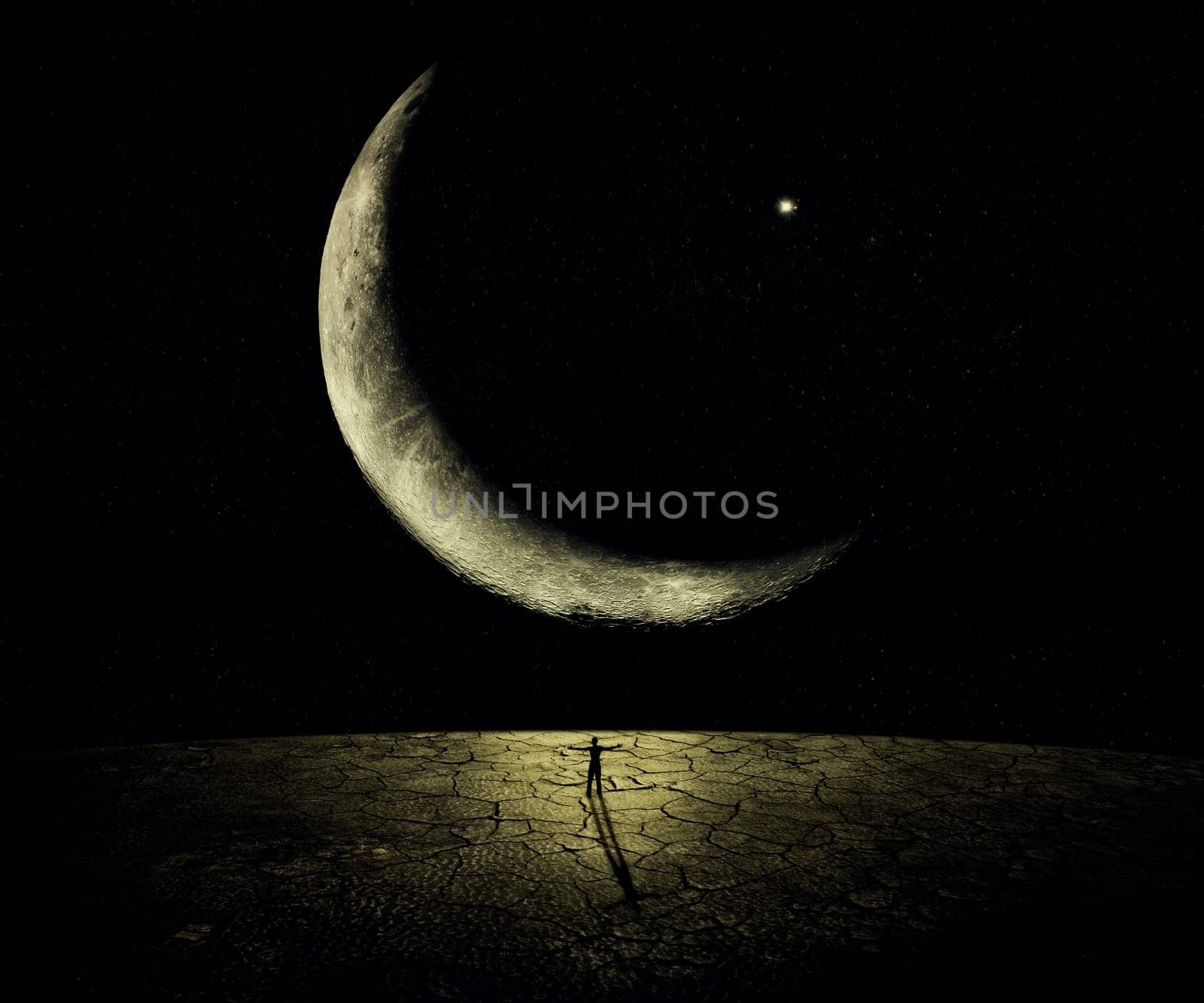 Man standing in front of a giant new moon with hands wide opened. Courage, freedom, power concept