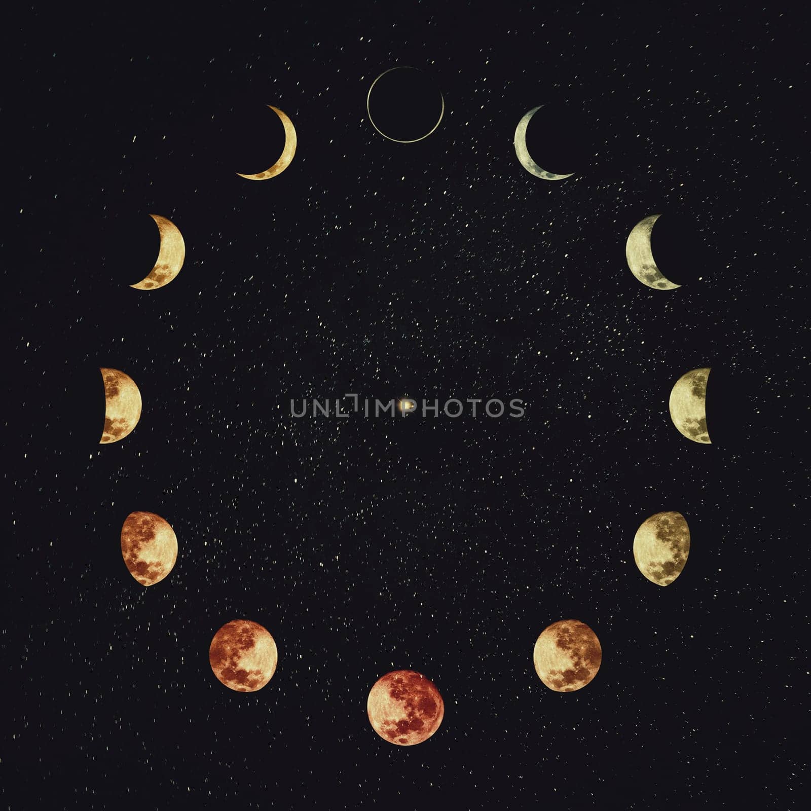 Moon phases over starry night sky background. Astronomy and astrology conceptual scene. Esoteric magic celestial signs, lunar annual calendar, symbol for 12 months, or minimalist clock shape orbit