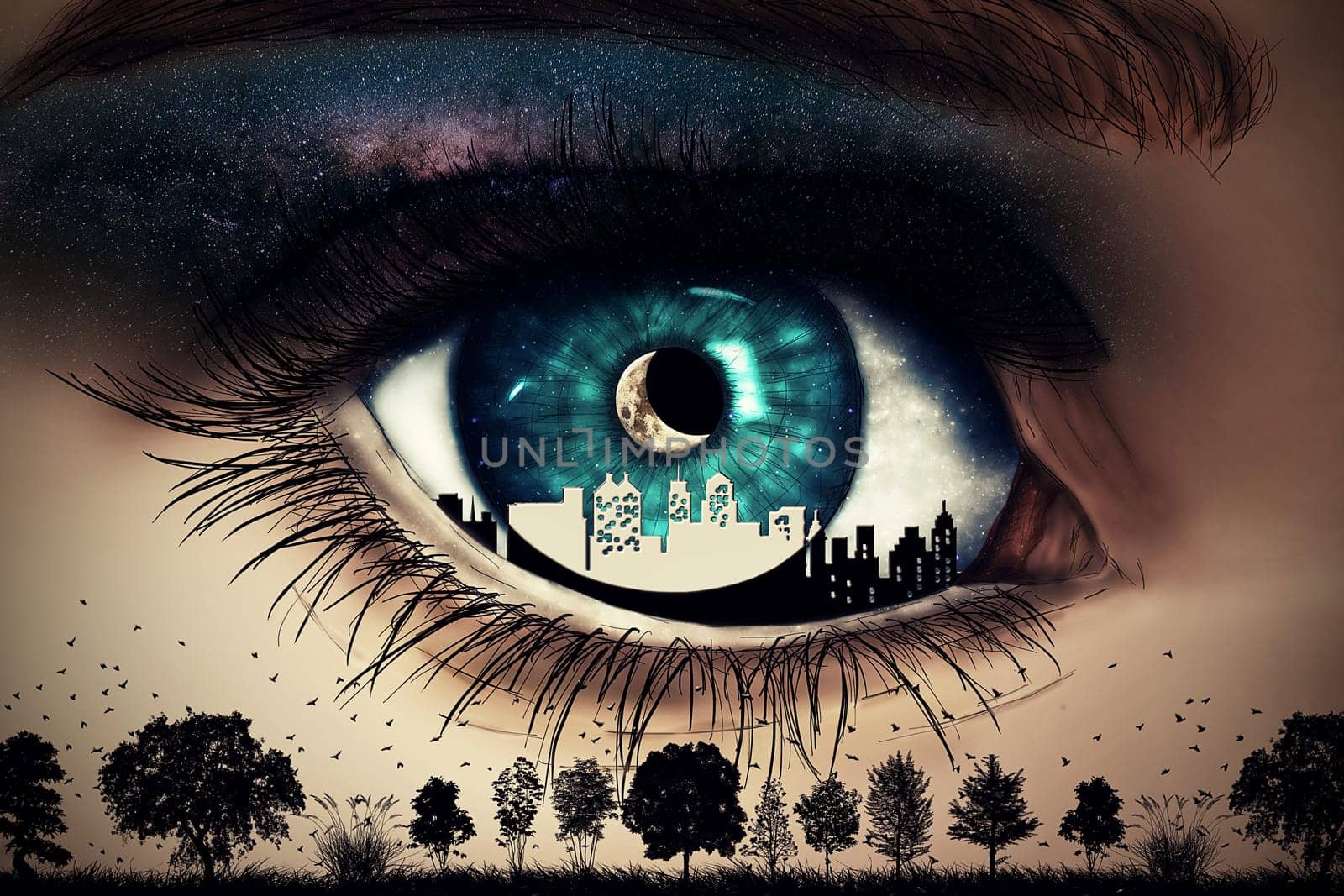 Illustration of a painted, blue woman eye with a city inside looking at wild nature with trees and birds flying below a starry night sky with a new moon