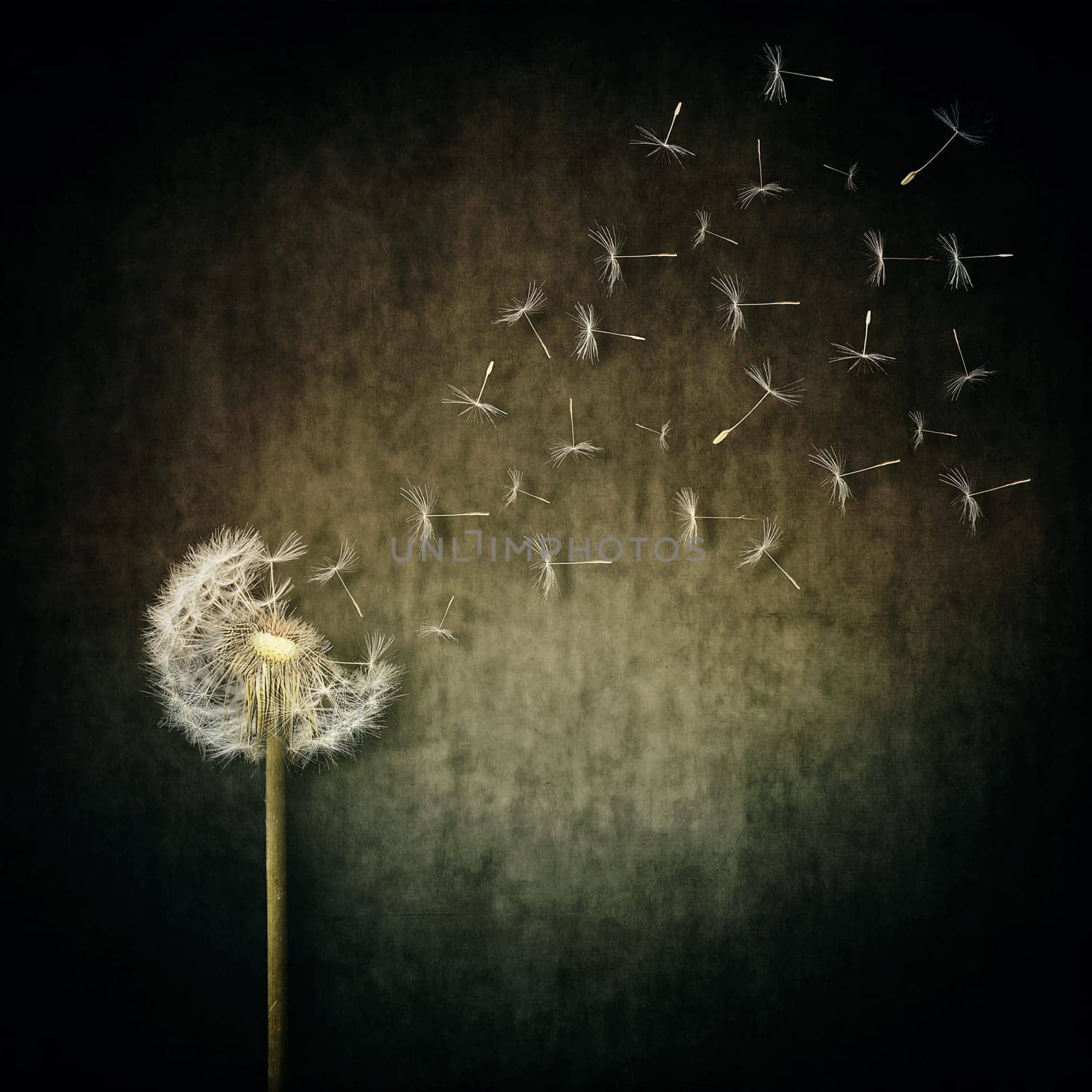 A lot of seeds escape from a dandelion flower on a gray backround. Breaking free, life journey concept