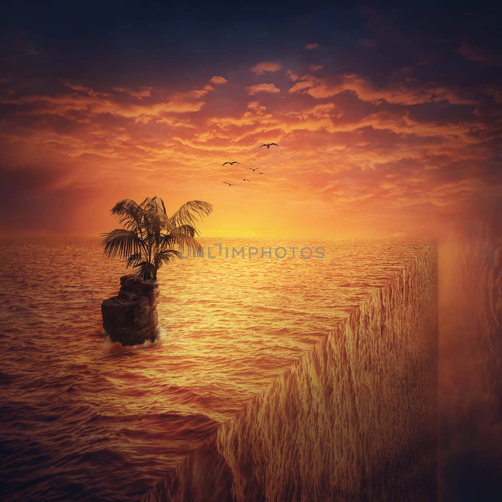 Surreal ocean view and a small island with a palm tree at the edge of the world. Adventure and journey, fantasy vacation concept. Summer holiday at the end of the sea in the middle of nowhere by psychoshadow