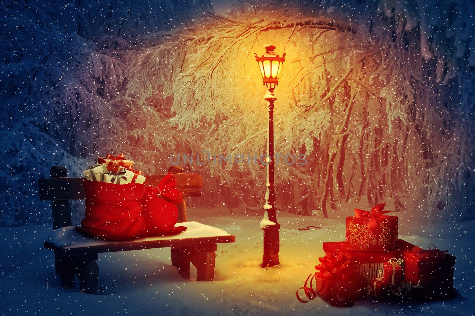 Lot of presents with Santa sacks in the park. Wooden bench and a shining lamp in the snowy night. Peaceful Christmas scene and winter holiday gifts. New Year celebration background.