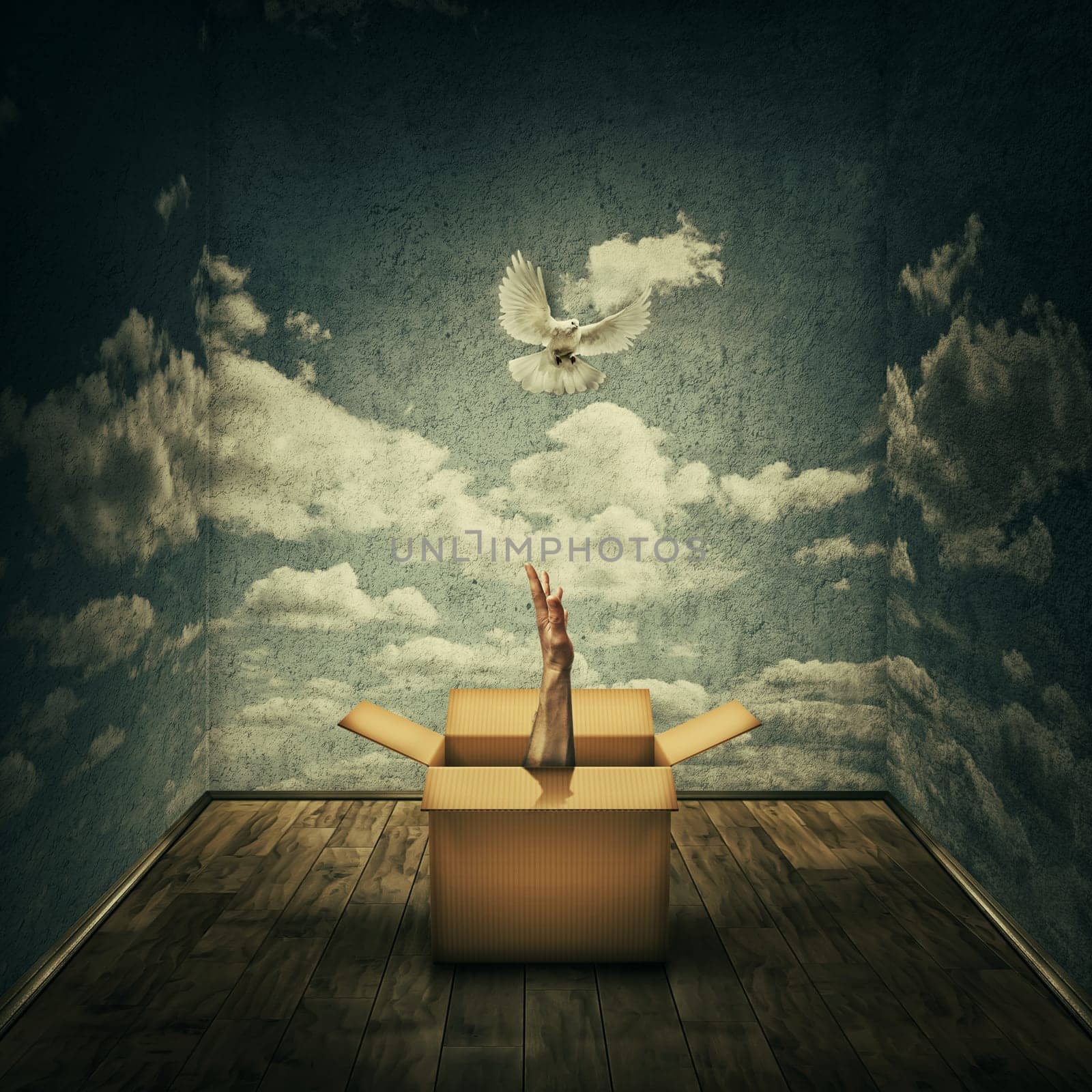 Surreal idea as a magical cardboard box opened and a mystic hand try to catch a pigeon escaping, surrounded by concrete walls with clouds texture as limitations. Freedom and liberation concept.