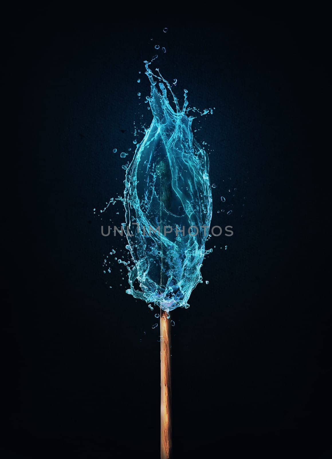 Different thinking concept as an unusual matchstick burning in a water flame. Blue liquid splash drops on a match, instead of fire. Surreal and unique symbol for eco energy and environmental issue