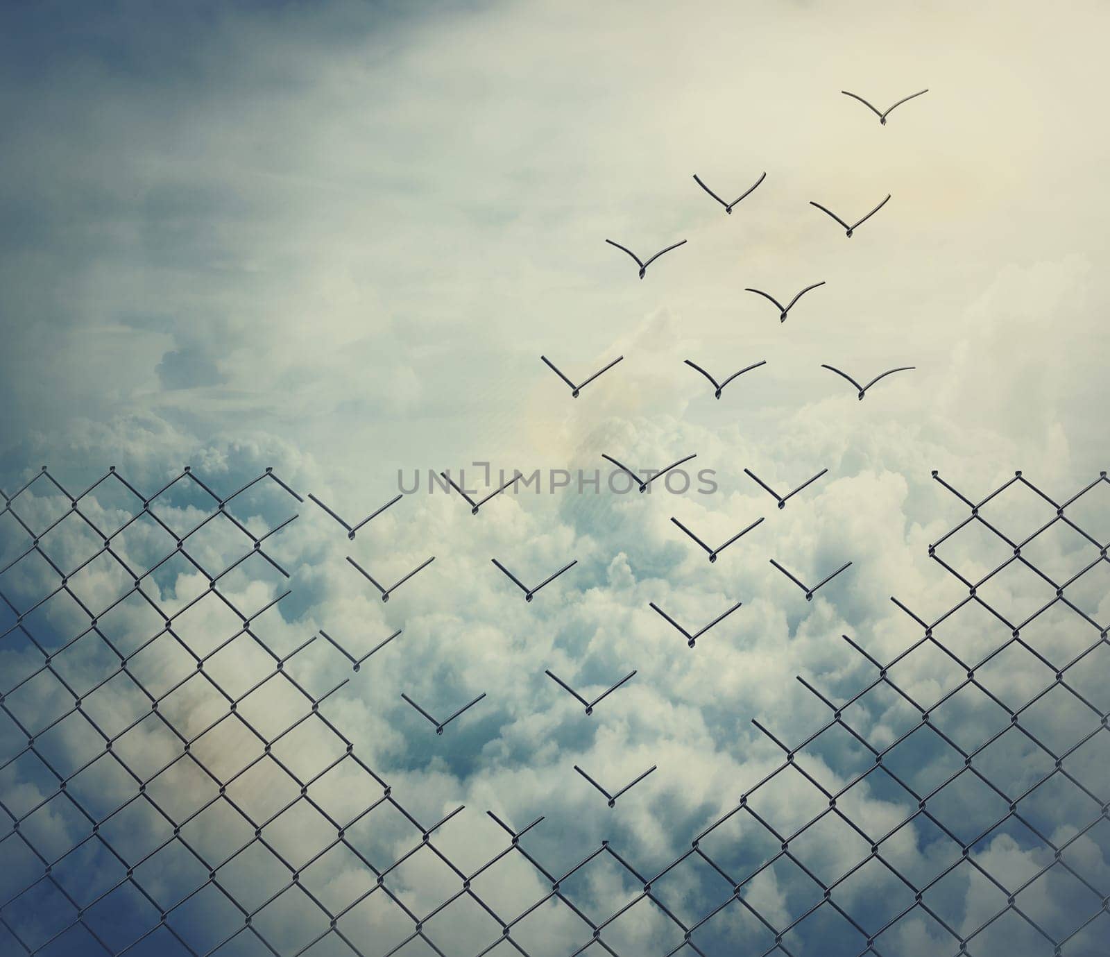 Surreal and magical escape as metallic wire mesh transforming into flying birds above the clouds. Overcoming obstacles together, teamwork concept. Freedom and success minimalist inspirational art. by psychoshadow