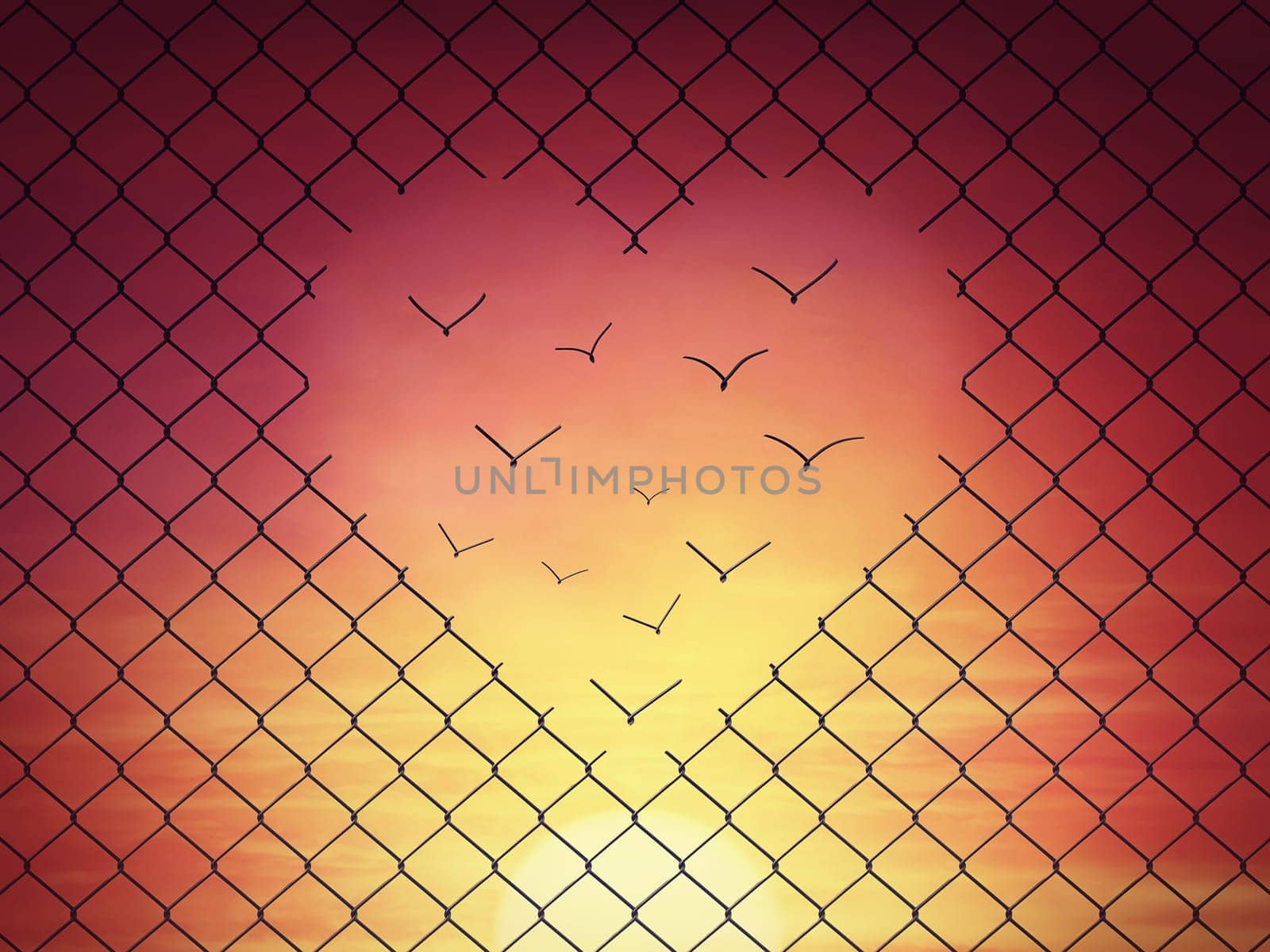 Magical escape with metallic wire mesh breaks up into a heart shape and transforms into flying birds above the sunset sky. Overcome obstacles together, love and togetherness concept. Freedom symbol by psychoshadow