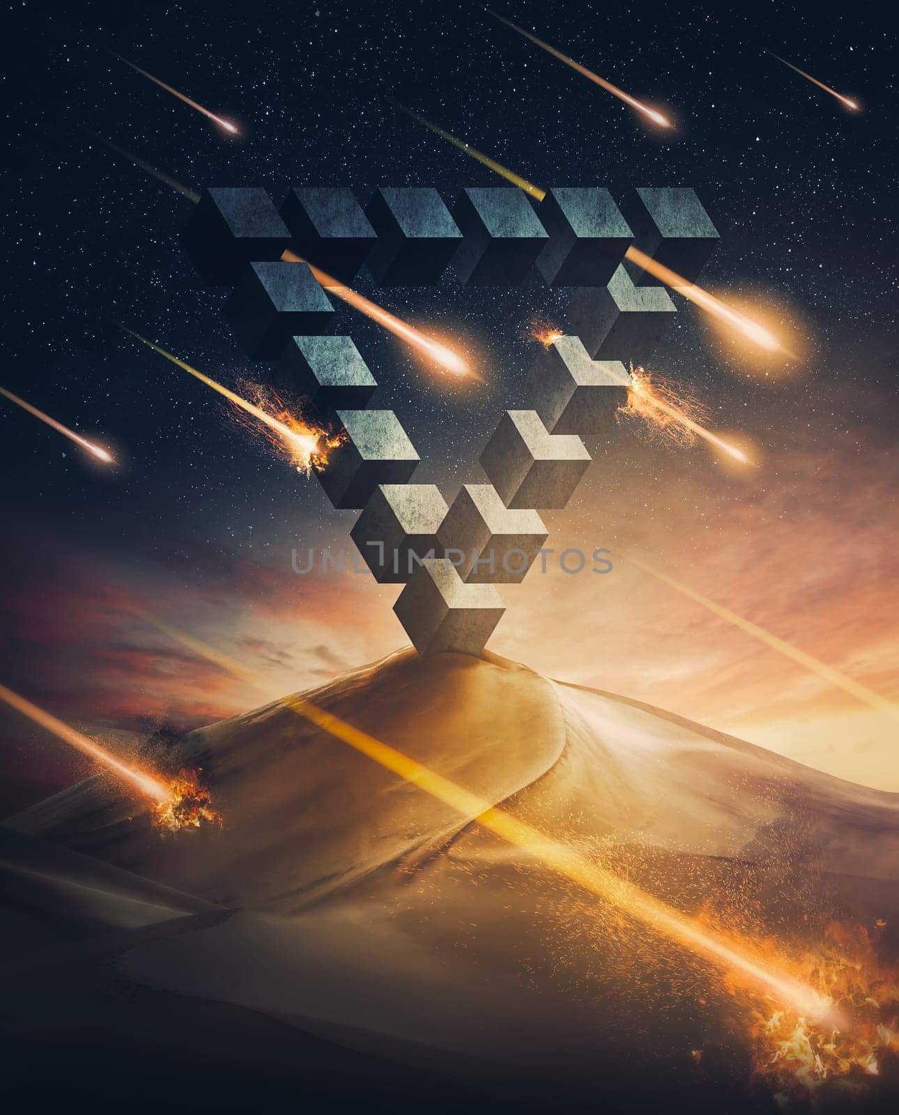 Meteor shower falling on another planet on a faraway galaxy. Abstract shape alien construction, penrose triangle shape, in the middle of a desert bombarded by comets. Surreal cosmic background